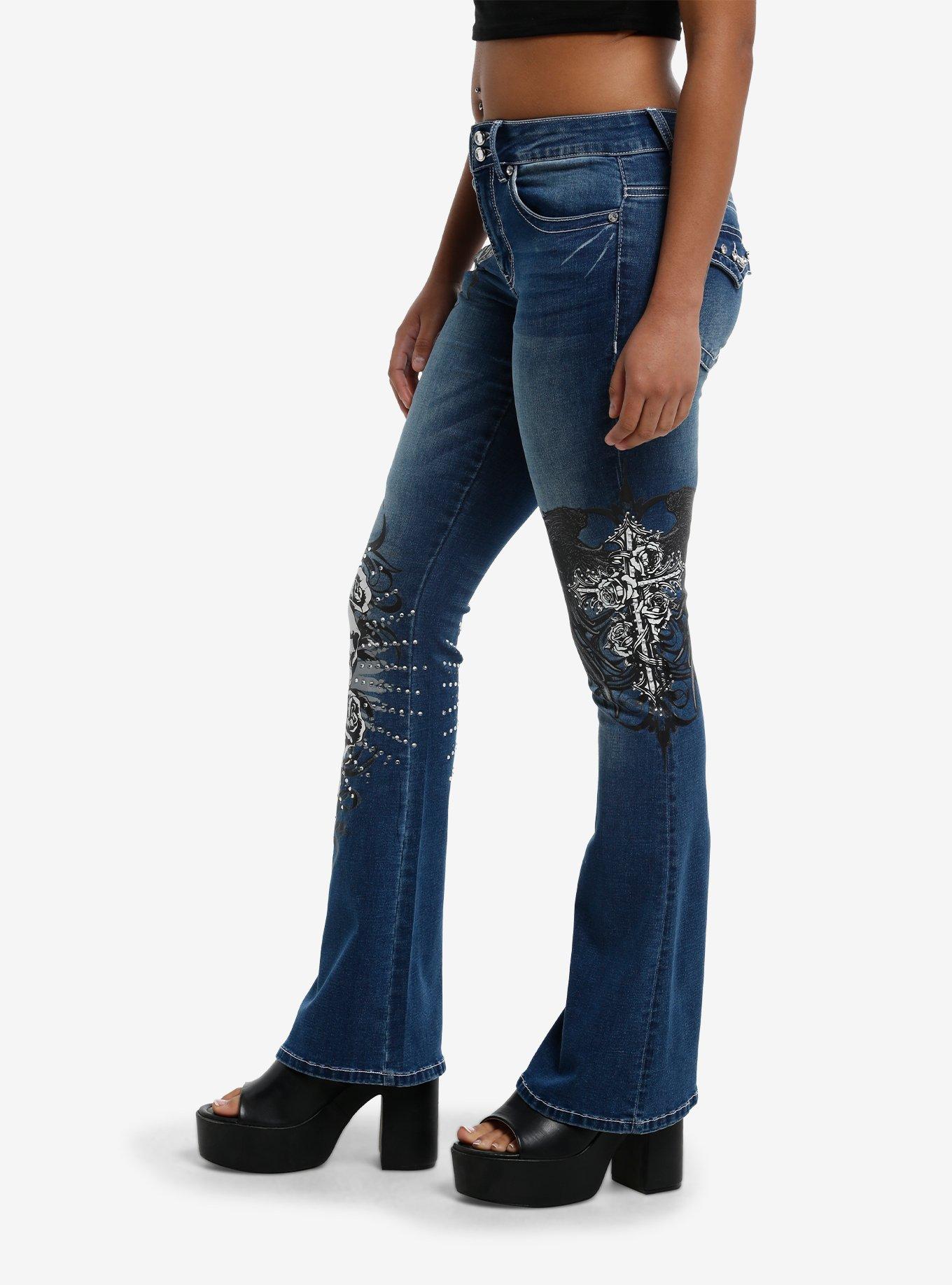 Social Collision Skull Rose Rhinestone Flare Denim Pants, , alternate