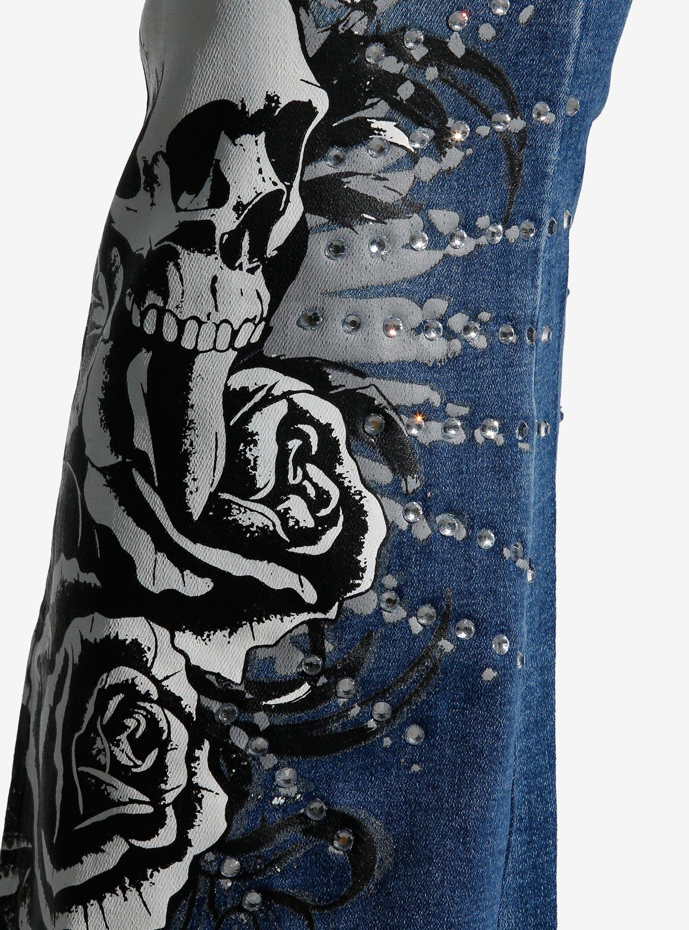 Social Collision Skull Rose Rhinestone Flare Denim Pants, , alternate