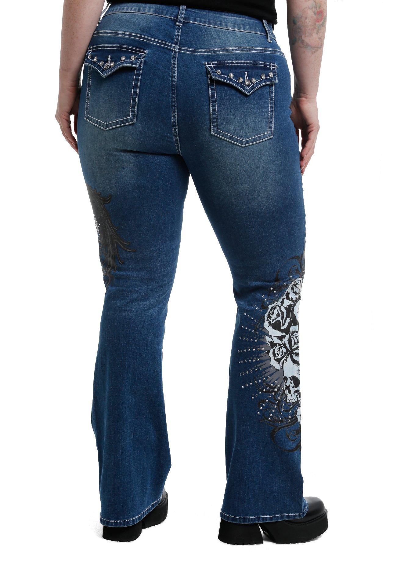 Social Collision Skull Rose Rhinestone Flare Denim Pants Plus Size, , hi-res
