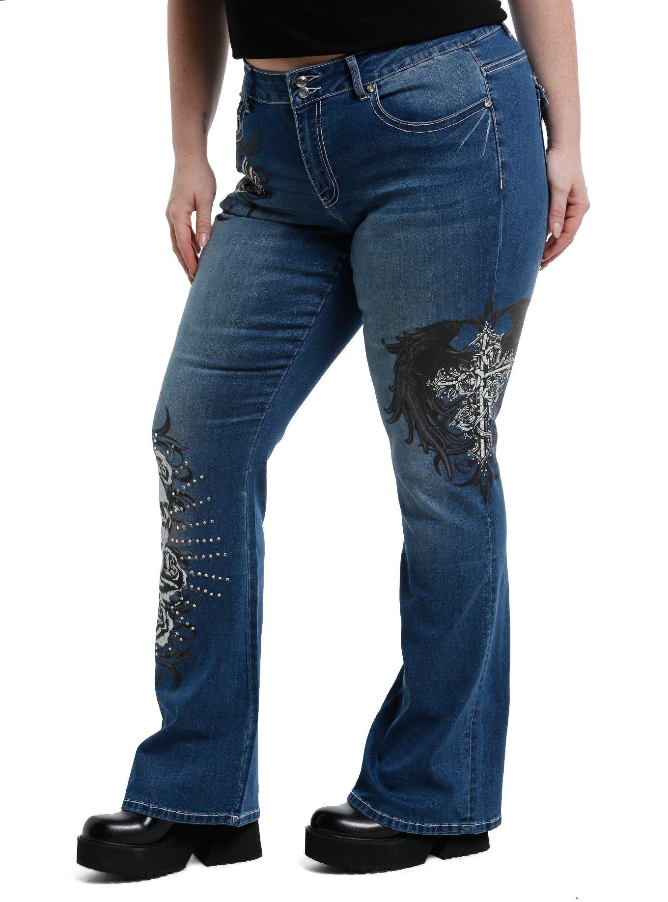 Social Collision Skull Rose Rhinestone Flare Denim Pants Plus Size, , alternate
