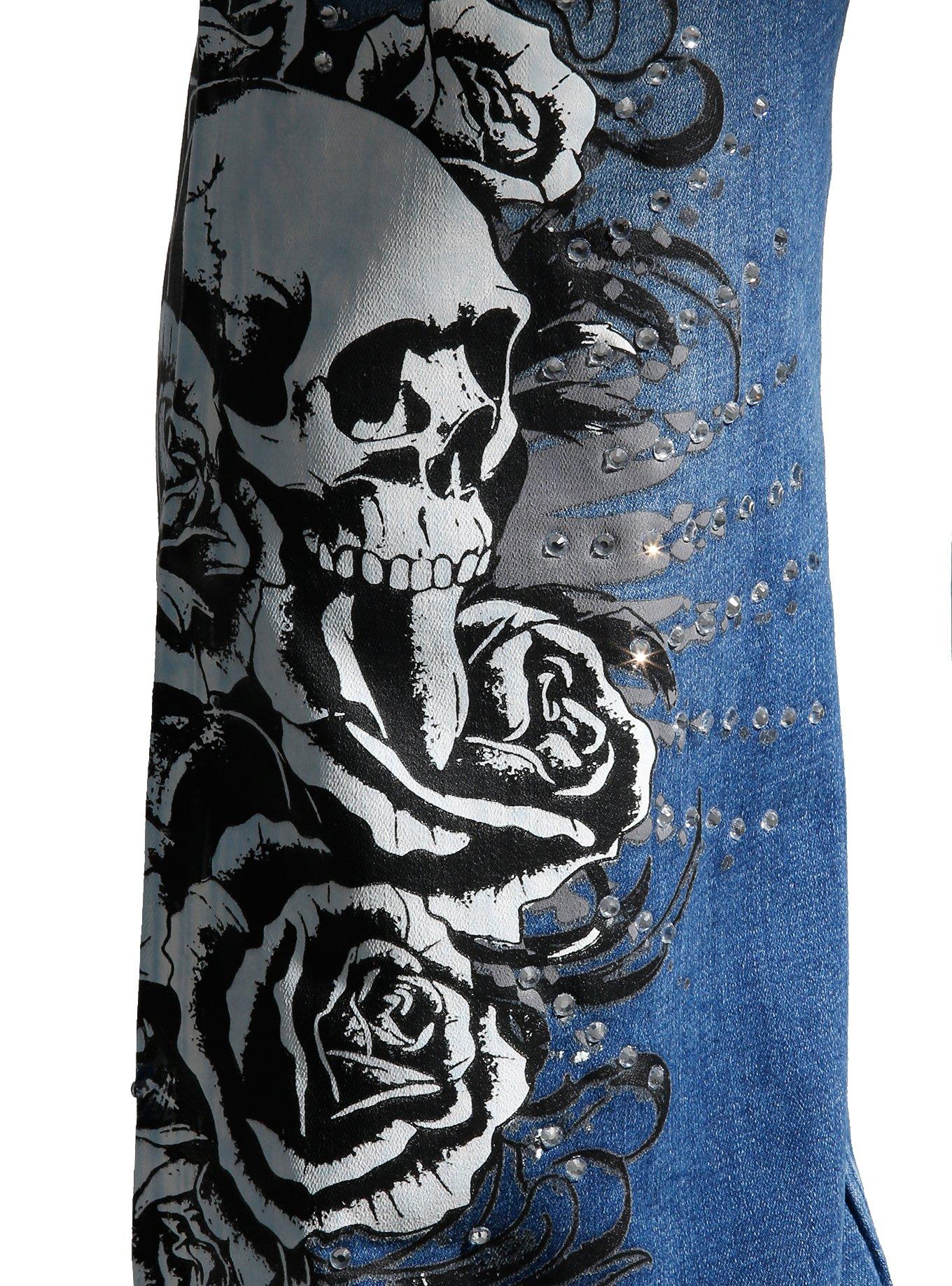 Social Collision Skull Rose Rhinestone Flare Denim Pants Plus Size, , alternate