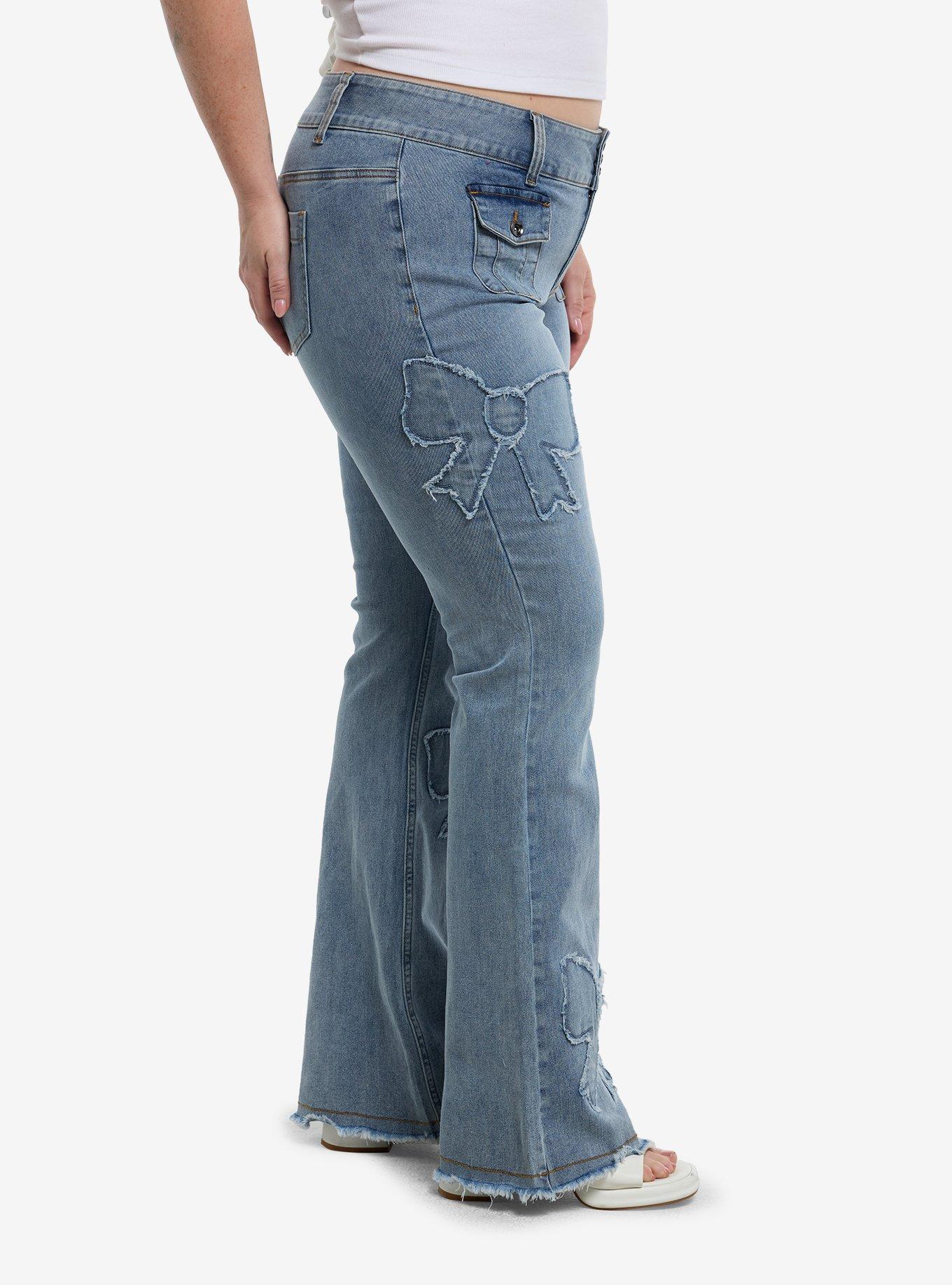 Bow Patch Light Indigo Low Rise Jeans Plus Size, BLUE, alternate