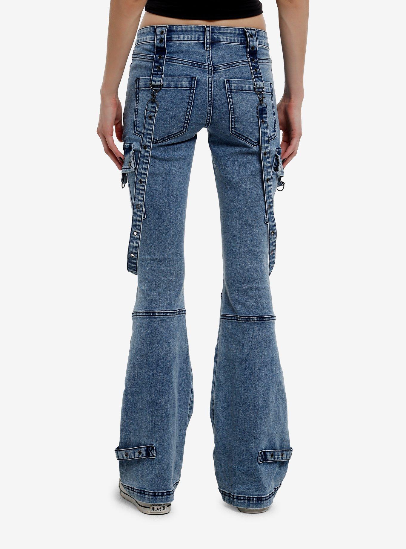 Social Collision Acid Wash Moto Suspender Low-Rise Flare Jeans, , hi-res