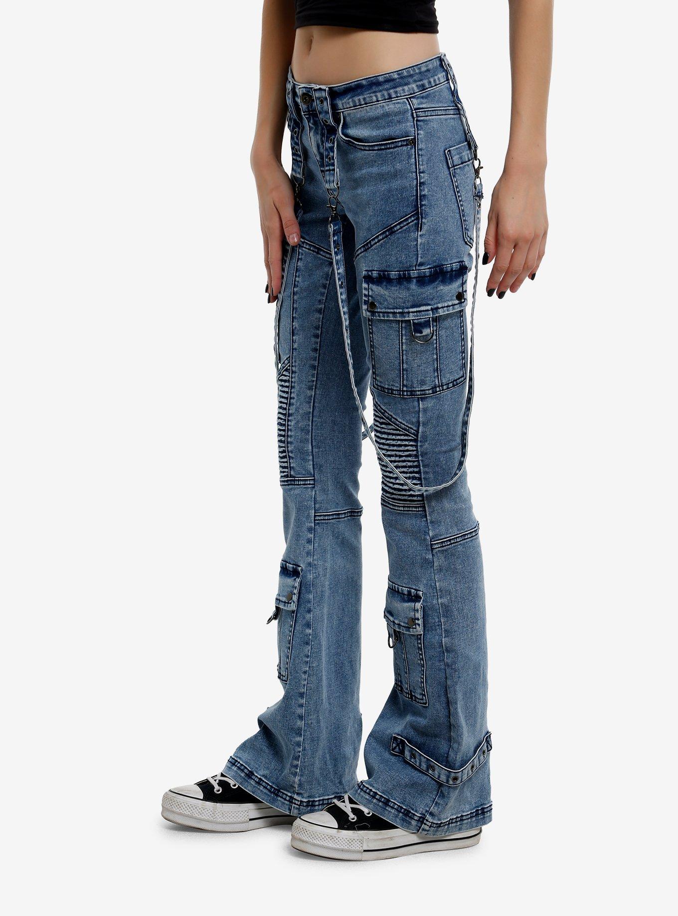 Social Collision Acid Wash Moto Suspender Low-Rise Flare Jeans, GREY, alternate