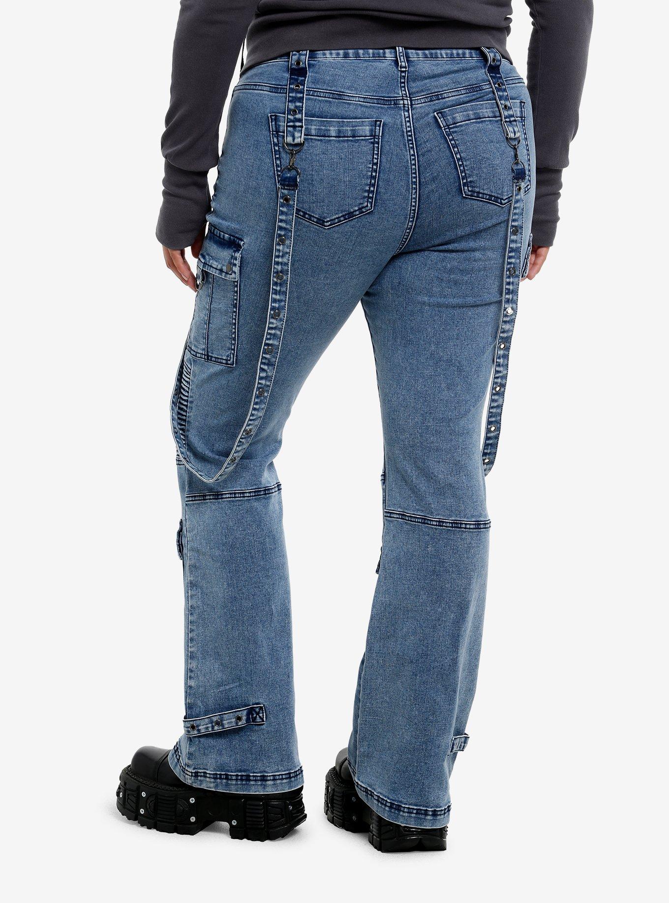 Social Collision Acid Wash Moto Suspender Low-Rise Flare Jeans Plus Size, , hi-res