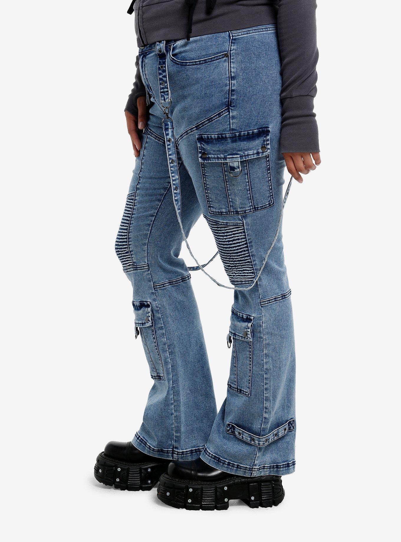 Social Collision Acid Wash Moto Suspender Low-Rise Flare Jeans Plus Size, GREY, alternate