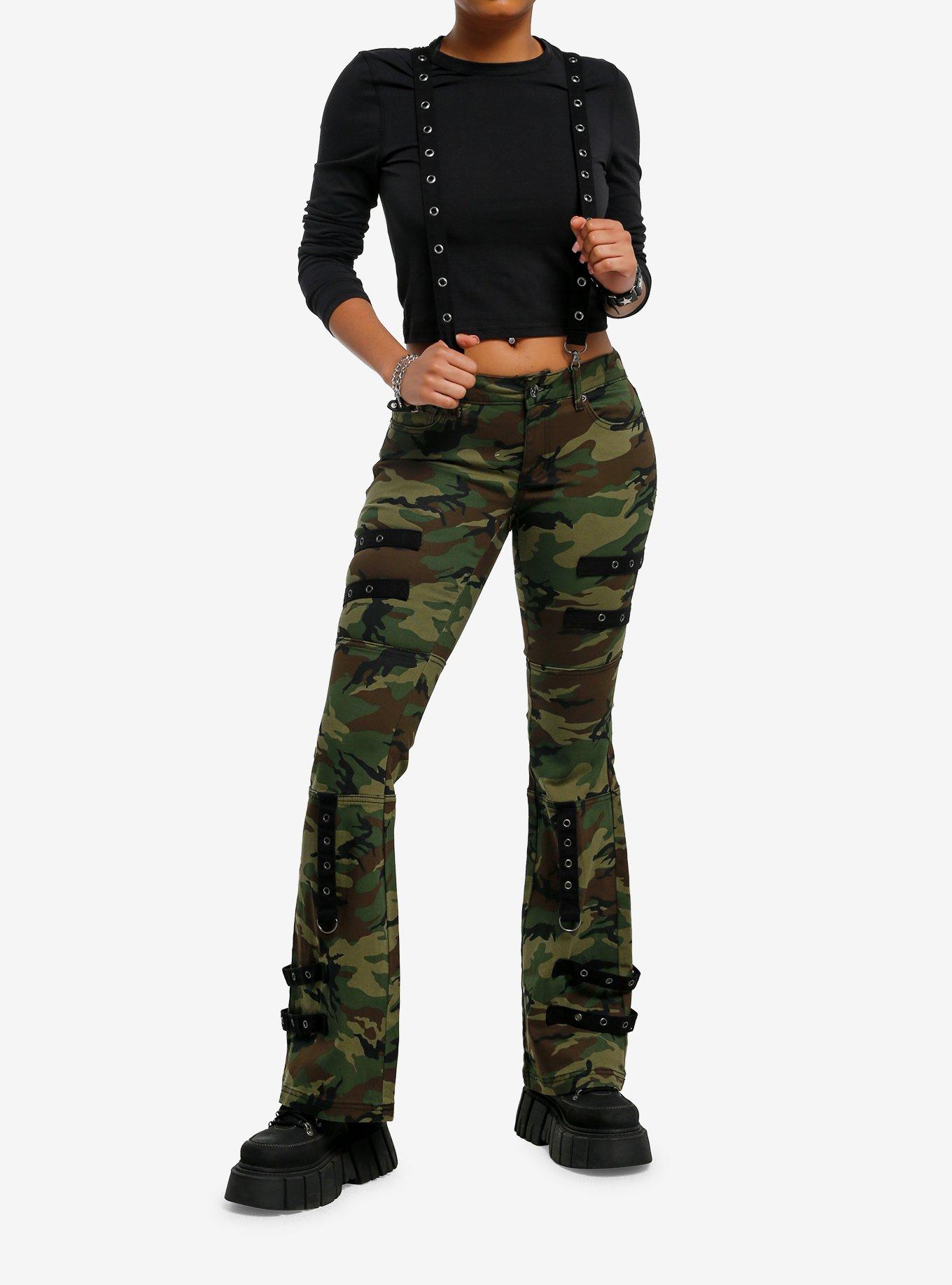 Social Collision Camouflage Grommet Suspender Low Rise Flare Pants, CAMO, alternate