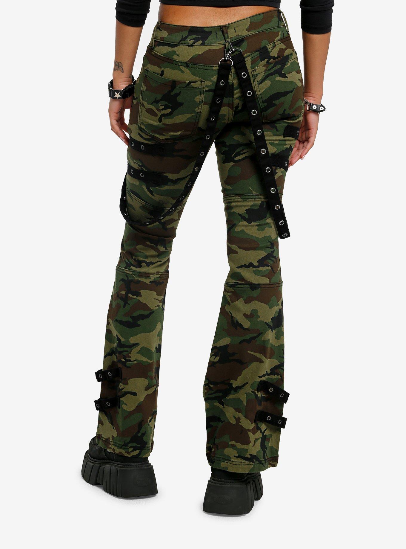 Social Collision Camouflage Grommet Suspender Low Rise Flare Pants, CAMO, alternate
