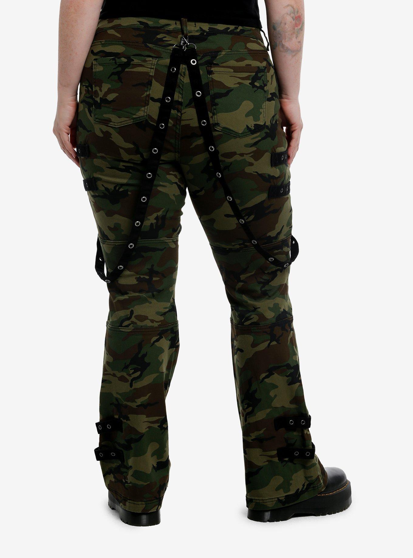 Social Collision Camouflage Grommet Suspender Low Rise Flare Pants Plus Size, , hi-res