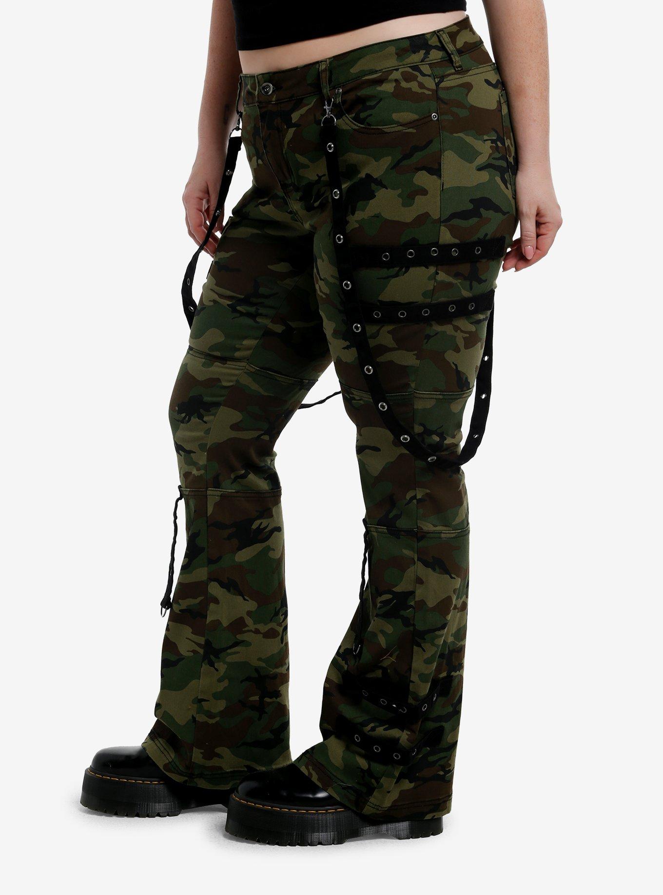 Social Collision Camouflage Grommet Suspender Low Rise Flare Pants Plus Size, CAMO, alternate