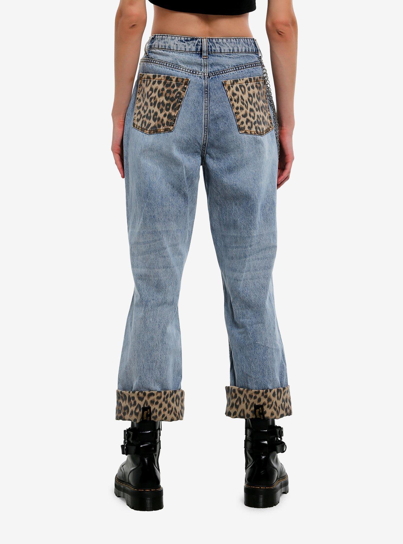 Leopard Detail Mom Jeans With Side Chain, , hi-res
