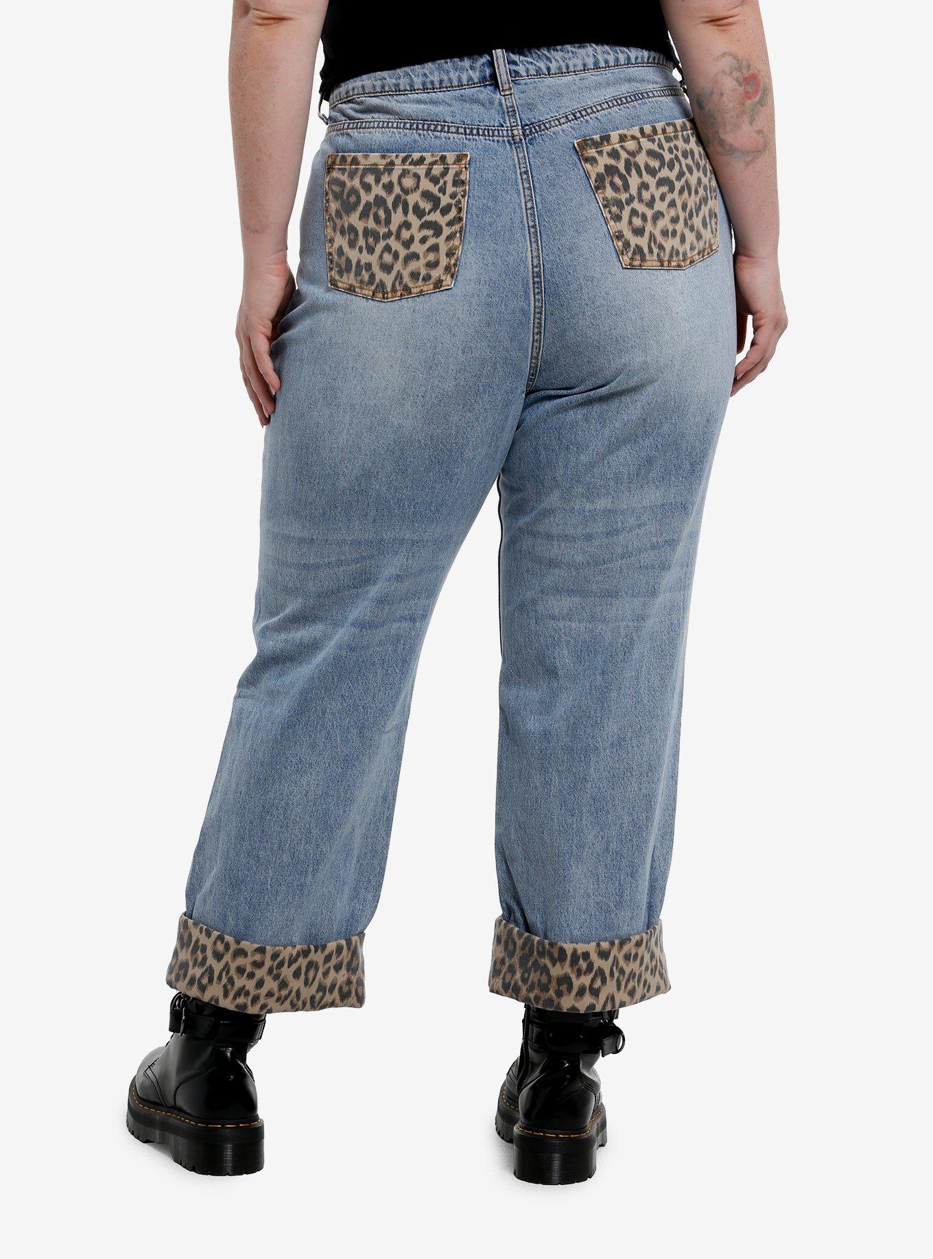 Leopard Detail Mom Jeans With Side Chain Plus Size, , hi-res