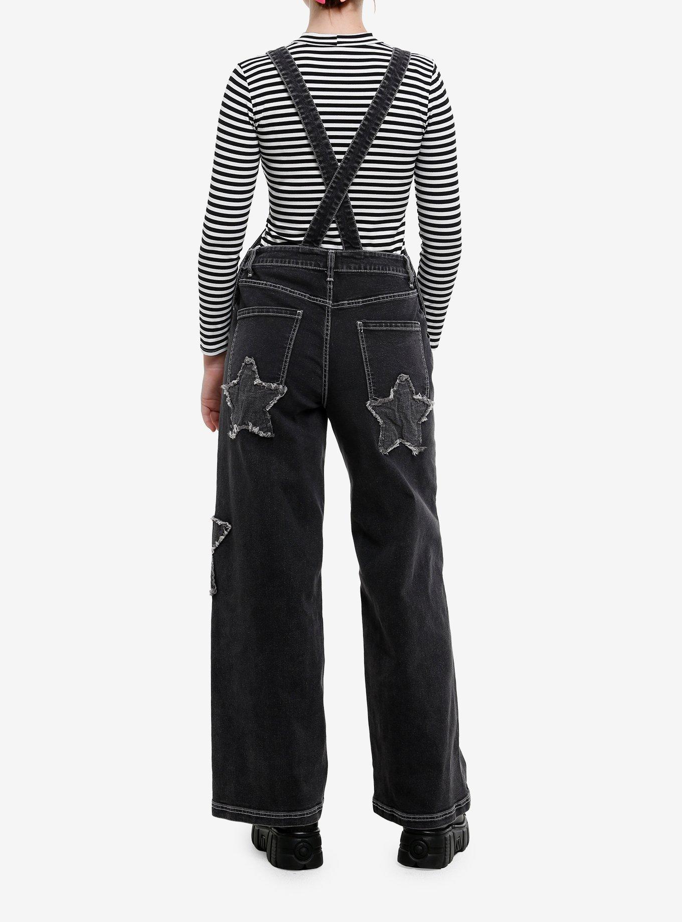 Social Collision Washed Black Star Patch Denim Overalls, , hi-res