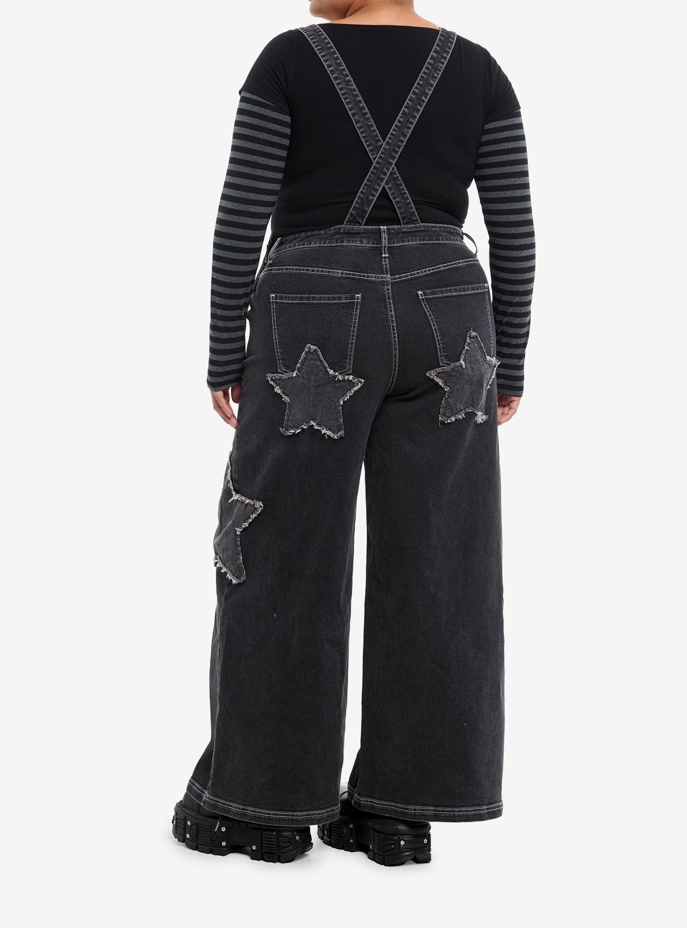 Social Collision Washed Black Star Patch Denim Overalls Plus Size, , hi-res