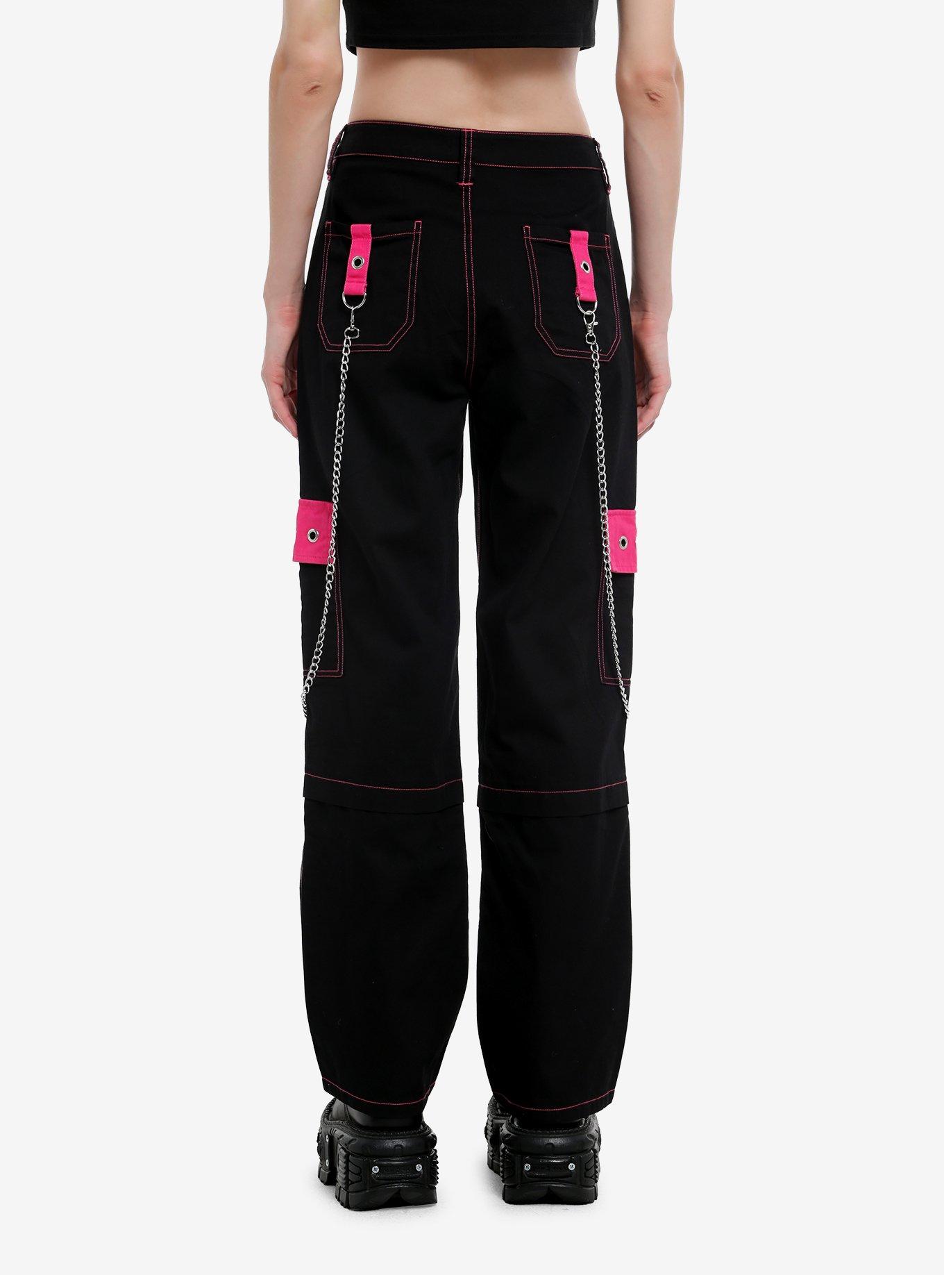 Hot Pink & Black Grommet Chain Carpenter Pants, PINK, alternate