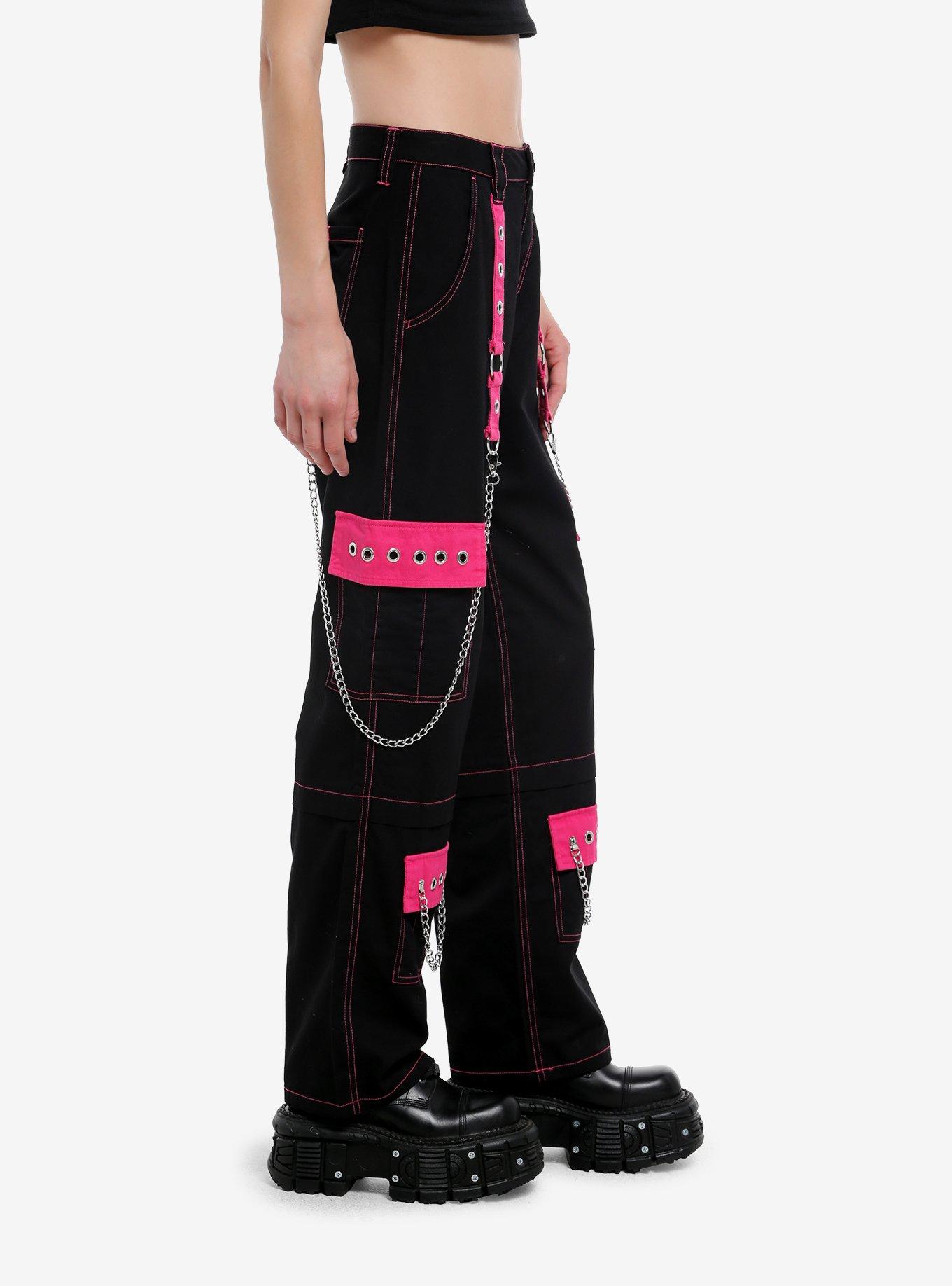 Hot Pink & Black Grommet Chain Carpenter Pants, PINK, alternate