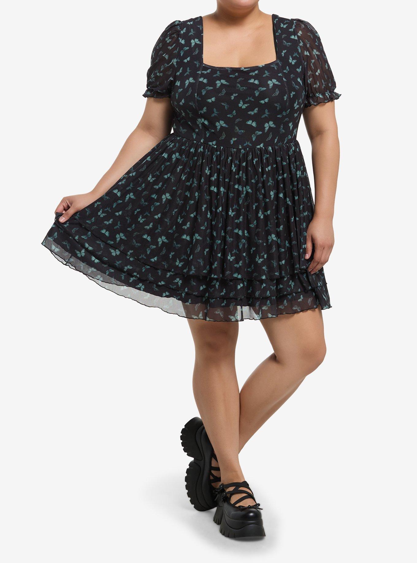 Thorn & Fable Green Butterfly Tiered Dress Plus Size, , hi-res