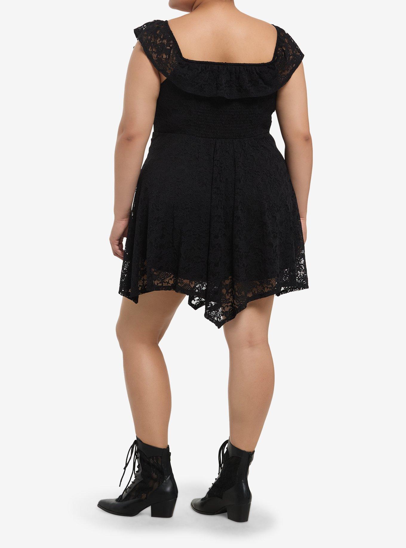 Cosmic Aura Black Lace Hanky Hem Mini Dress Plus Size, BLACK, alternate
