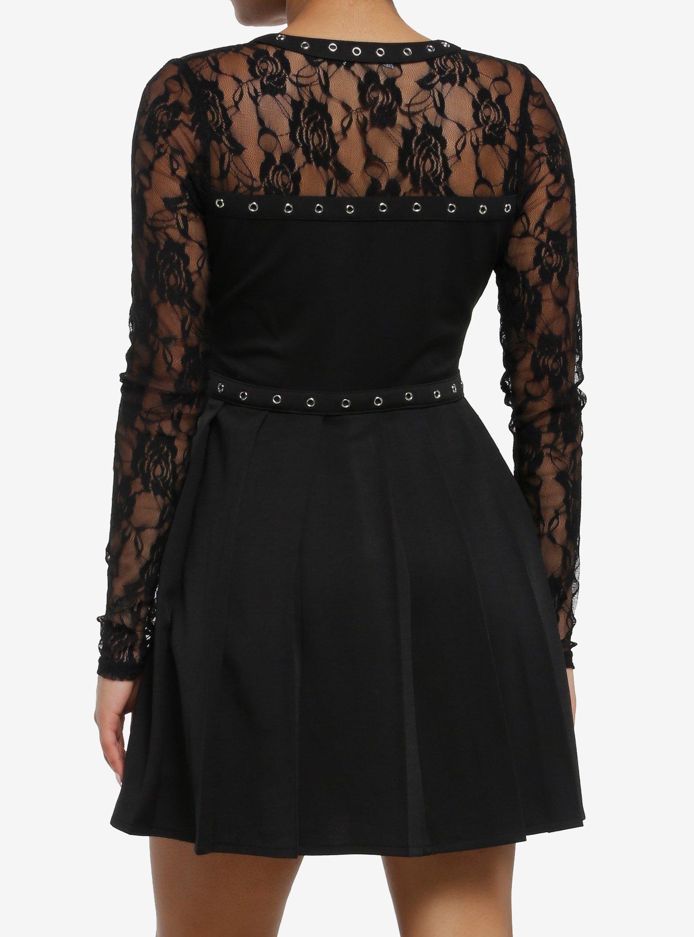 Cosmic Aura Black Lace Panel & Grommet Long-Sleeve Mini Dress, BLACK, alternate