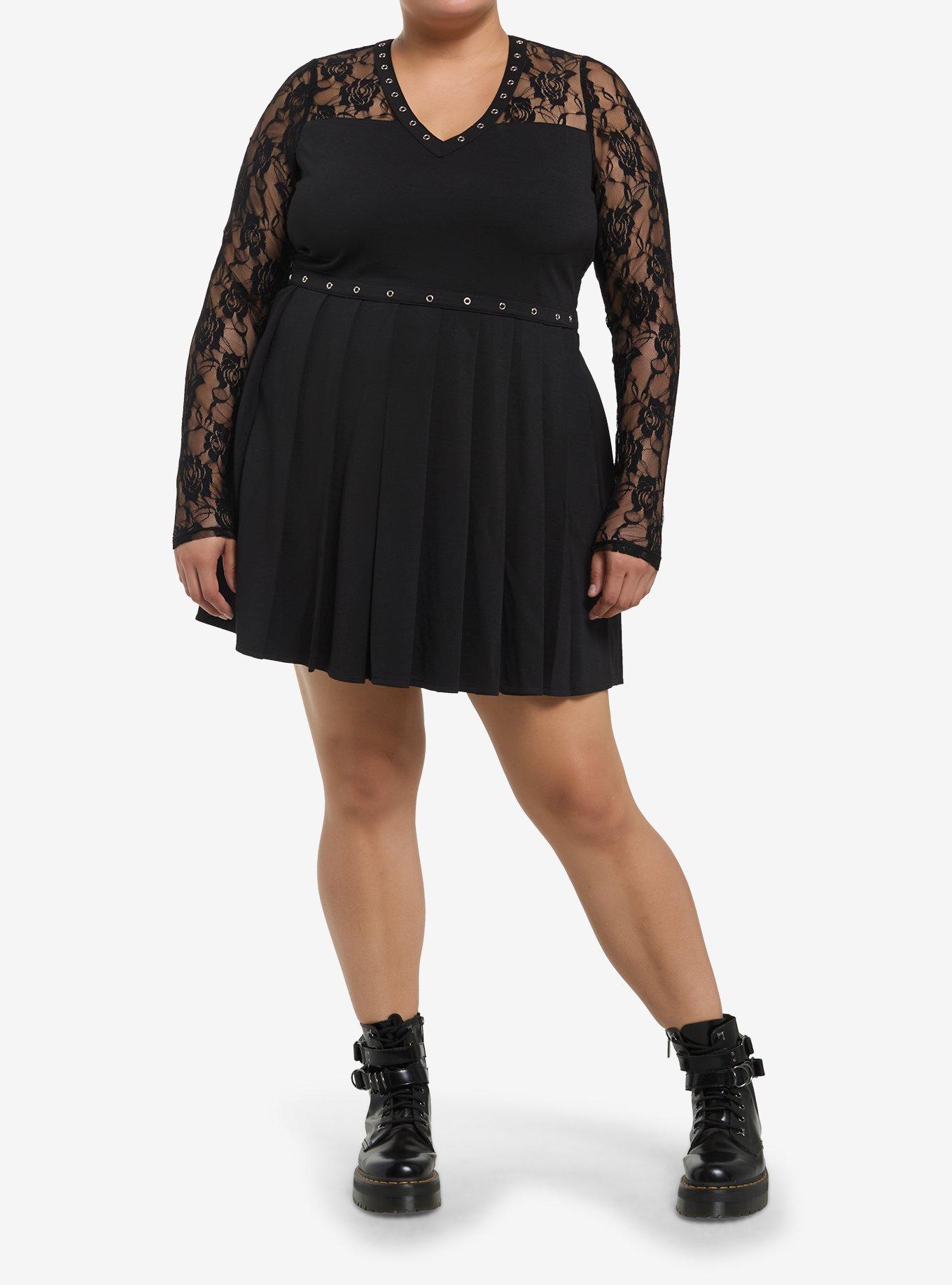Cosmic Aura Black Lace Panel & Grommet Long-Sleeve Mini Dress Plus Size, , hi-res
