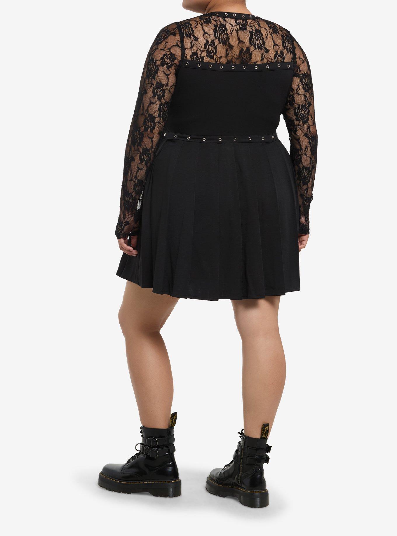 Cosmic Aura Black Lace Panel & Grommet Long-Sleeve Mini Dress Plus Size, BLACK, alternate