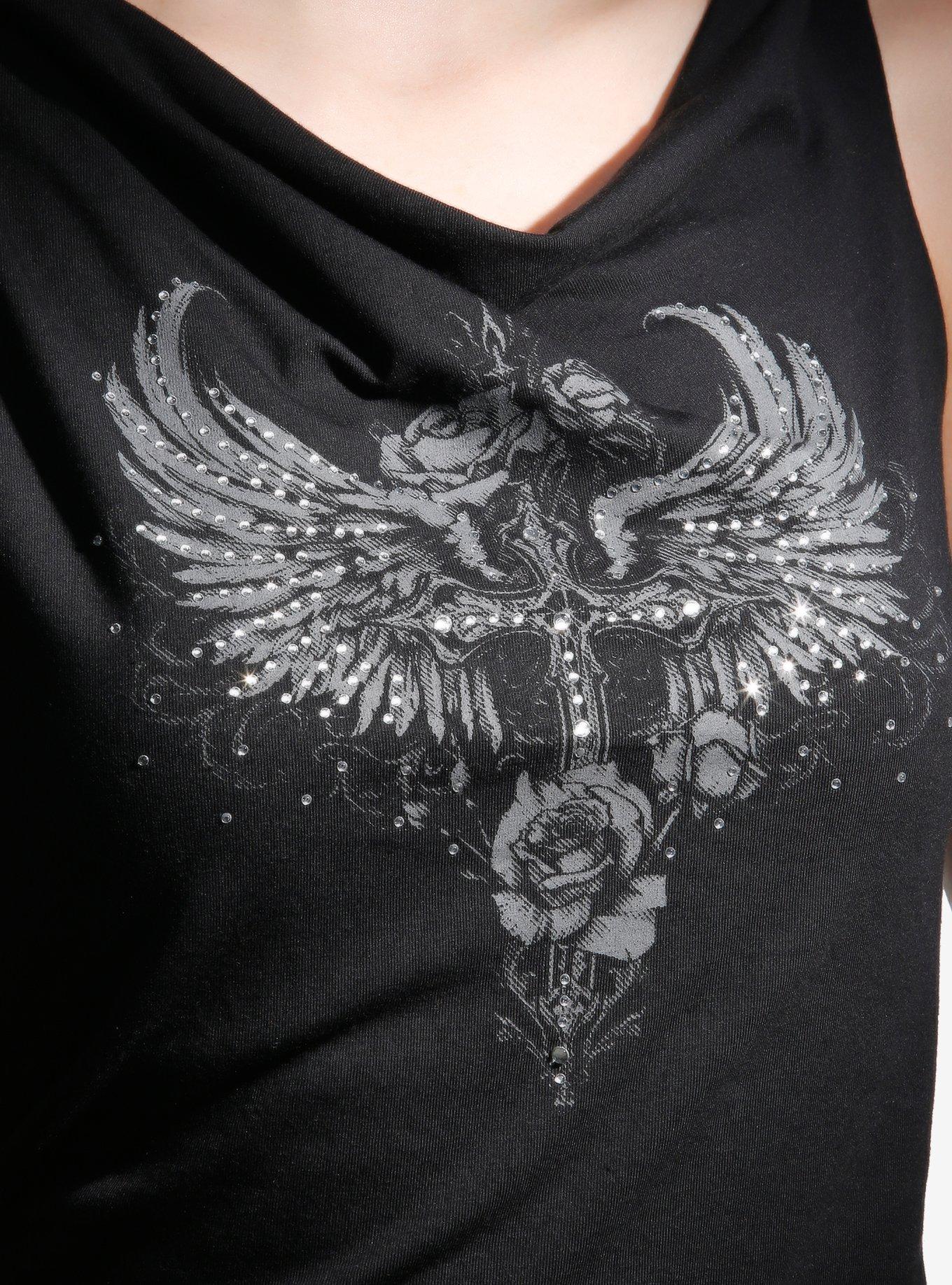 Winged Cross Rhinestone Girls Off-Shoulder Top, BLACK, alternate