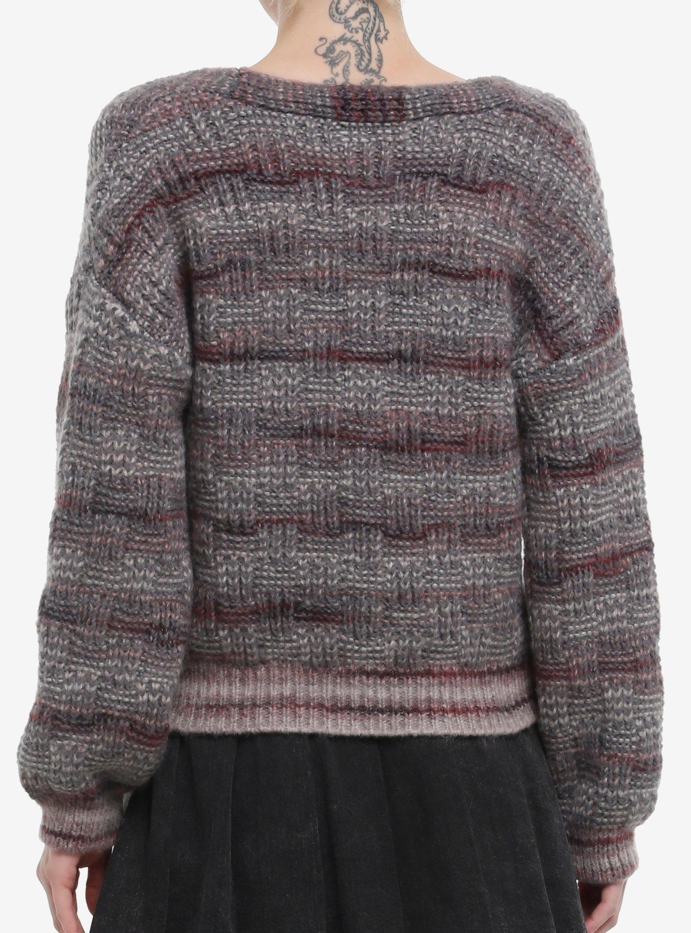 Cosmic Aura Grey & Dark Lavender Skull Button Girls Cardigan, BURGUNDY, alternate
