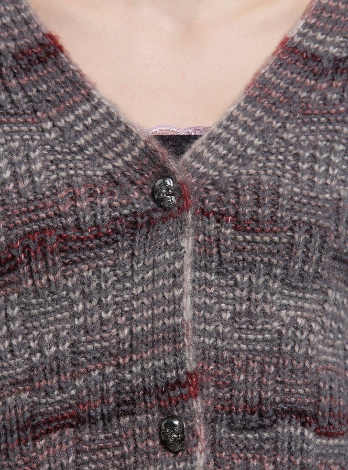 Cosmic Aura Grey & Dark Lavender Skull Button Girls Cardigan, BURGUNDY, alternate