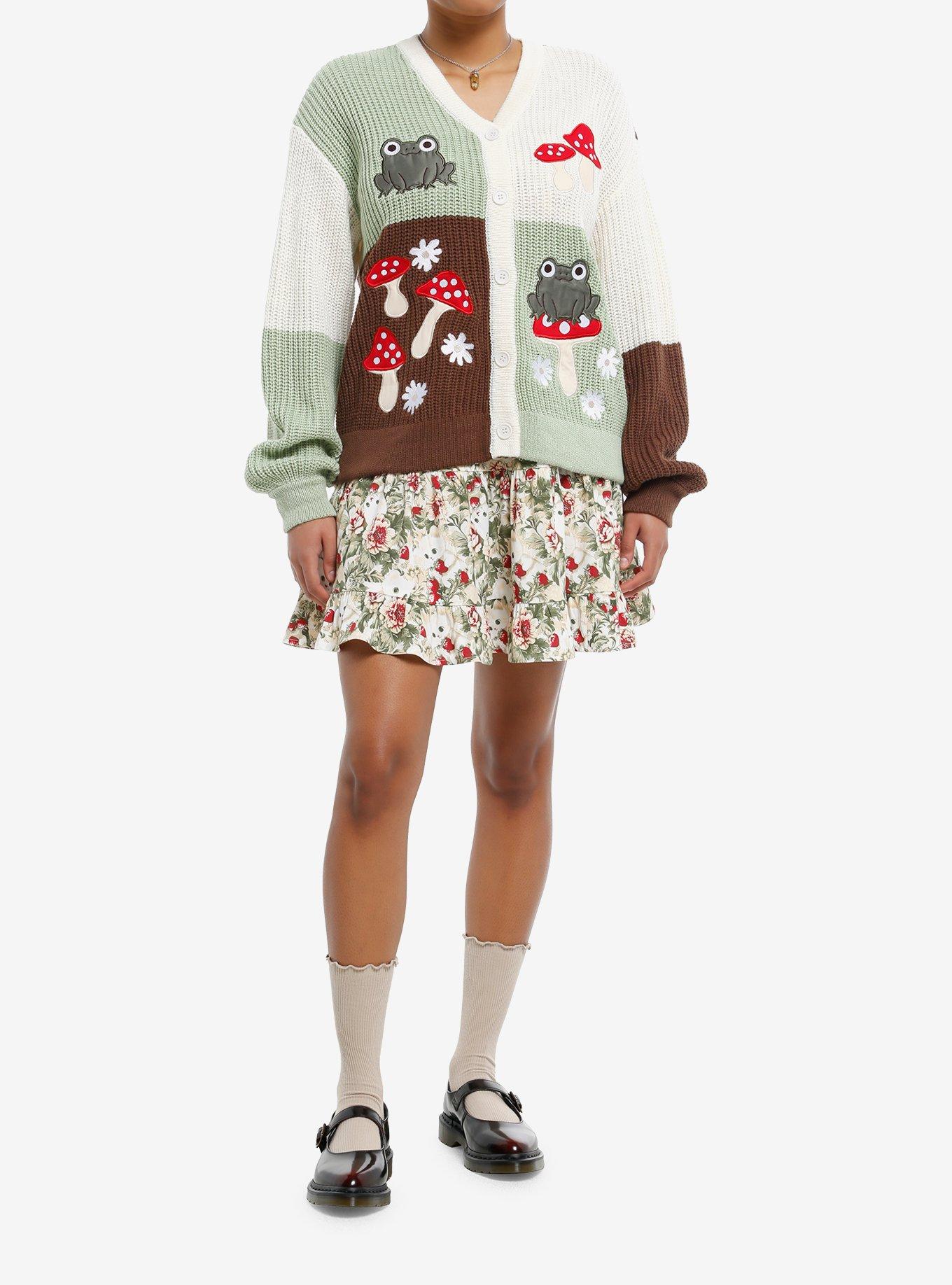 Thorn & Fable Frogs & Mushrooms Color-Block Girls Cardigan, , hi-res
