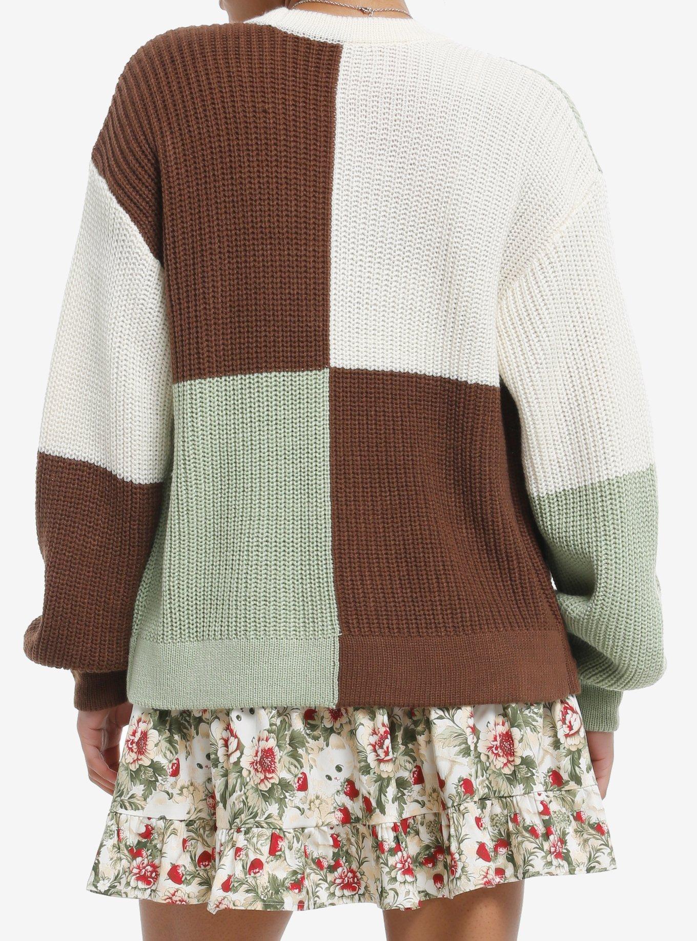 Thorn & Fable Frogs & Mushrooms Color-Block Girls Cardigan, BROWN, alternate