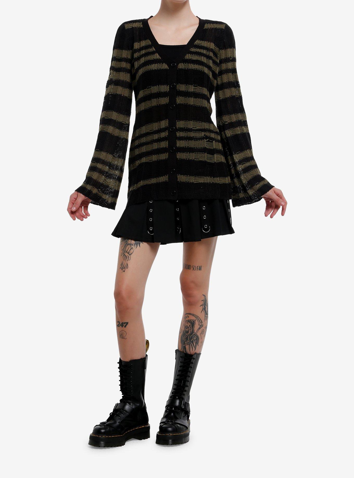 Cosmic Aura Black & Green Stripe Distressed Girls Cardigan, , hi-res