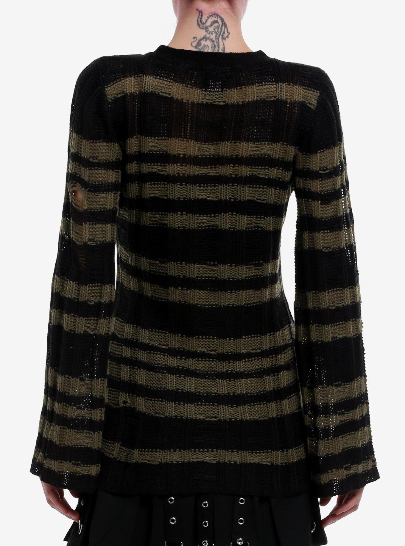 Cosmic Aura Black & Green Stripe Distressed Girls Cardigan, GREEN, alternate