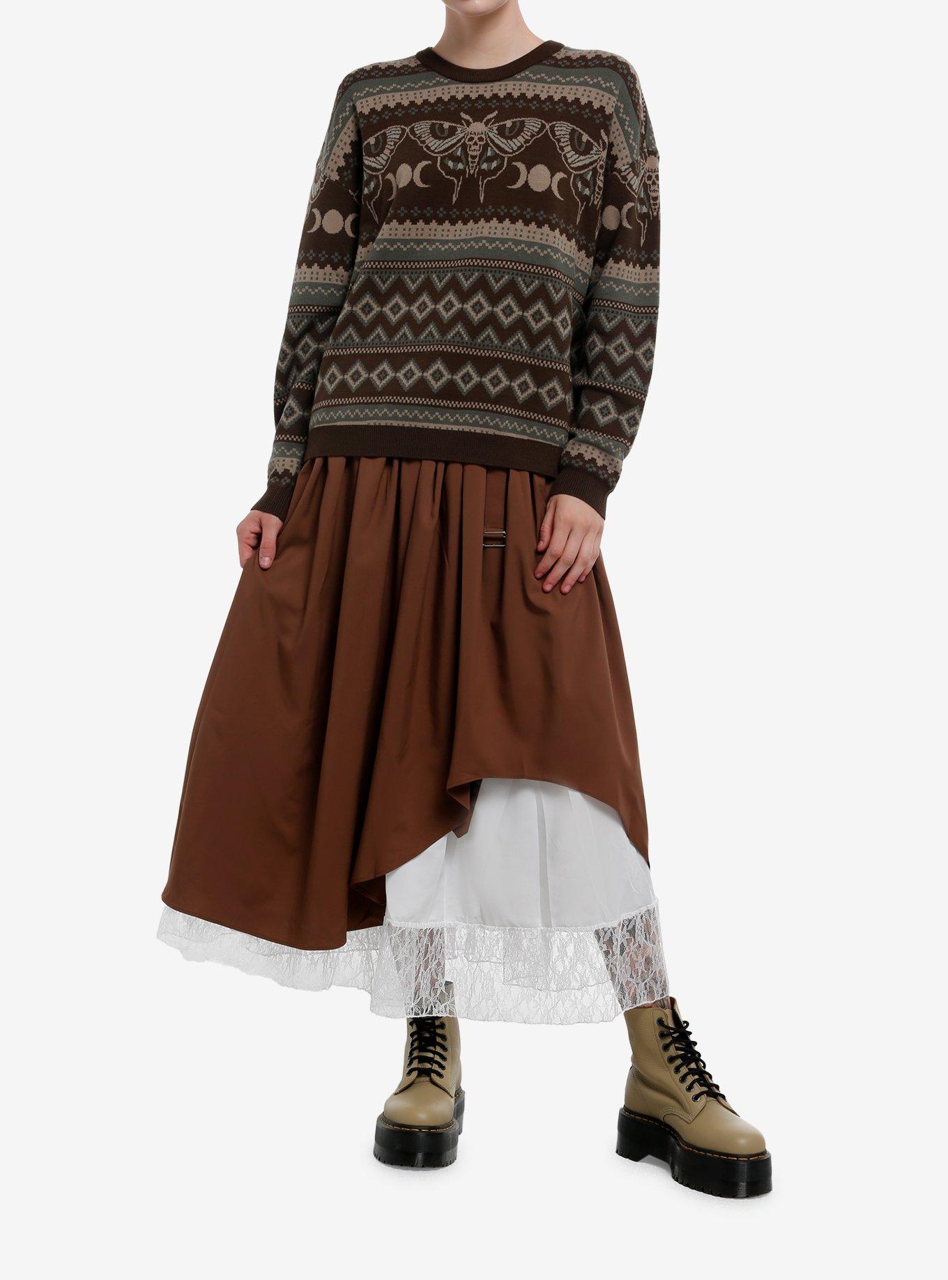 Cosmic Aura Death Moth Grunge Fair Isle Girls Sweater, GREEN, alternate