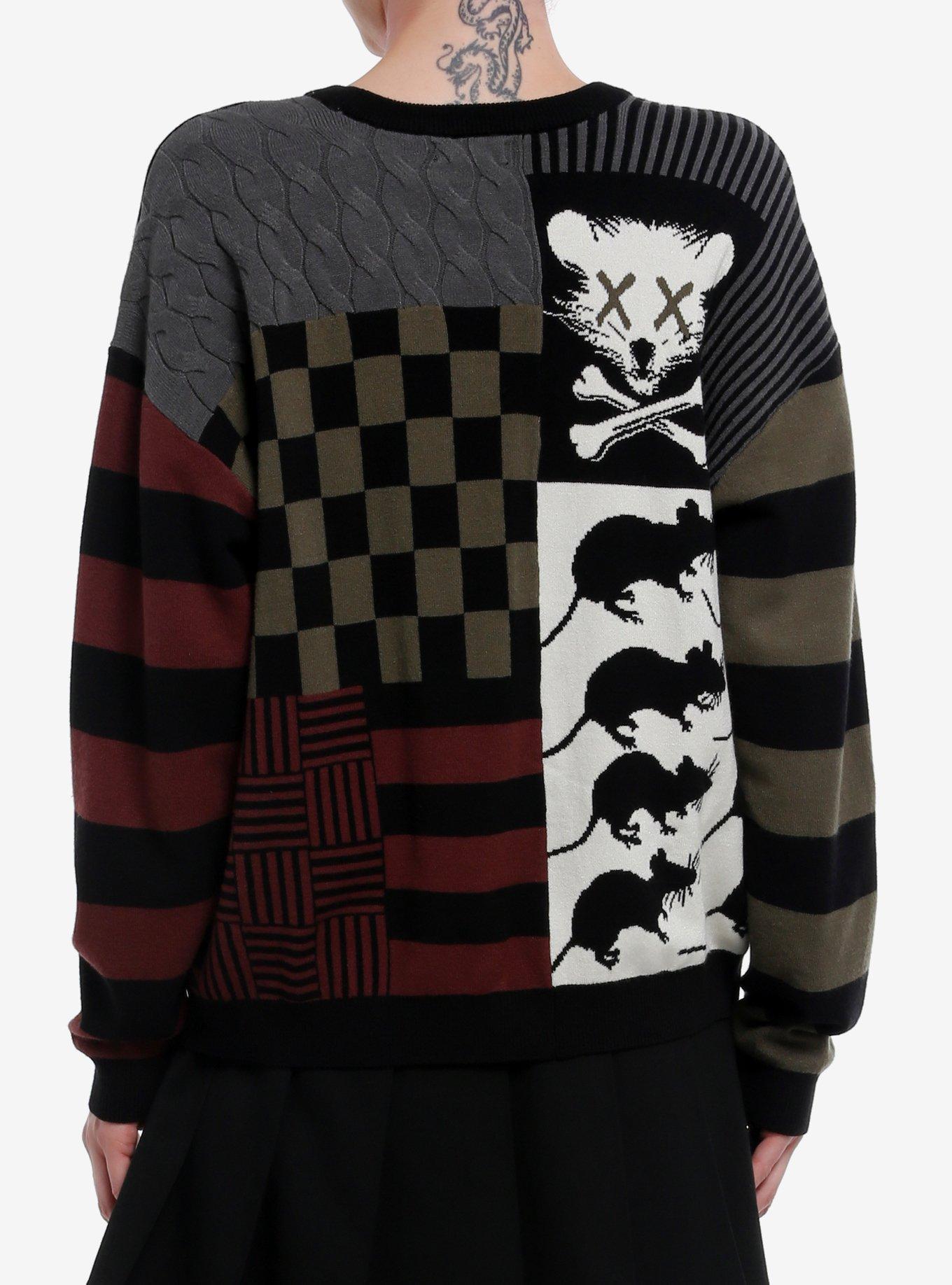 Rat Skull Grunge Patchwork Girls Sweater, , hi-res