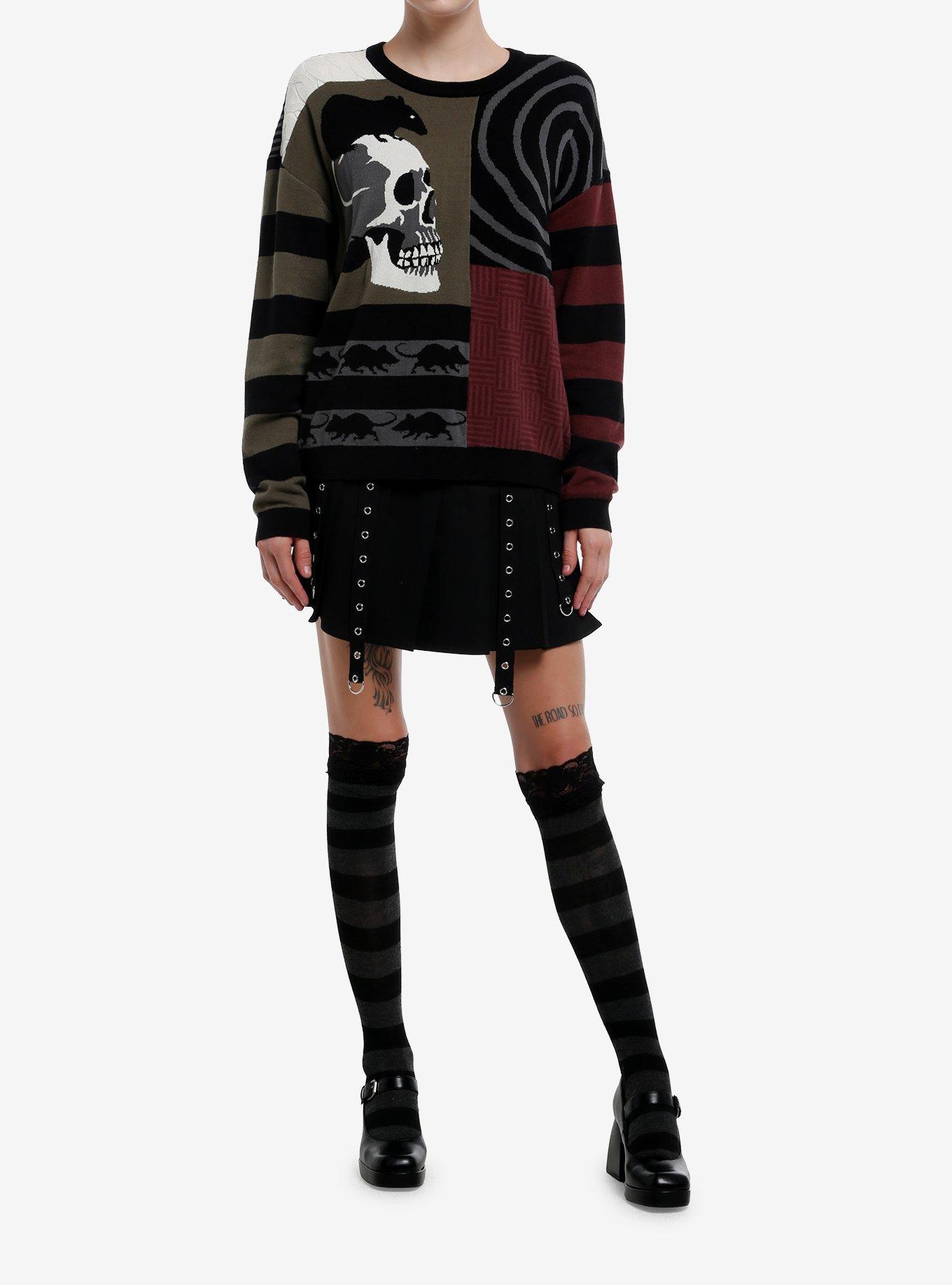 Rat Skull Grunge Patchwork Girls Sweater, BLACK, alternate
