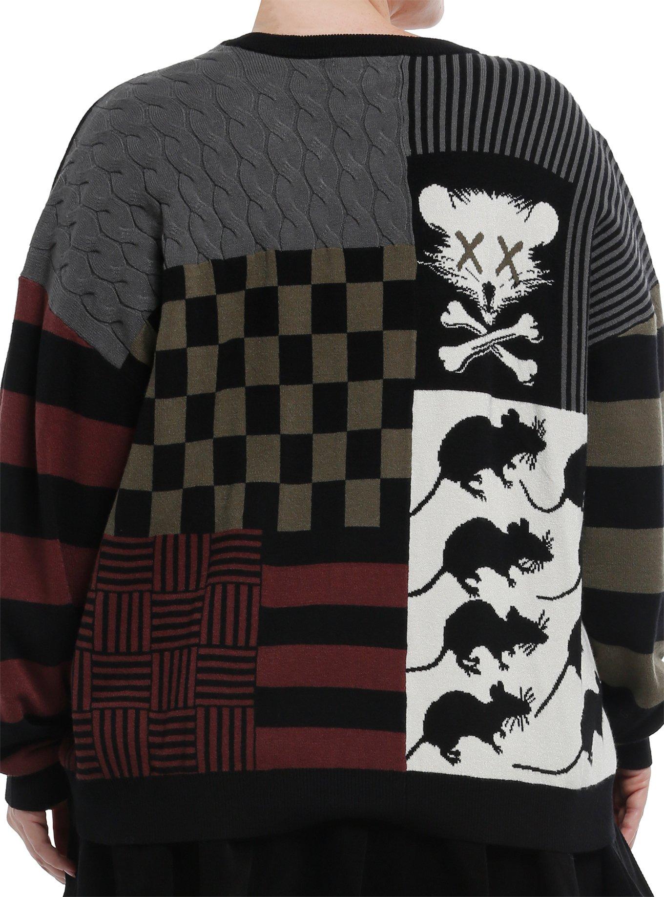 Rat Skull Grunge Patchwork Girls Sweater Plus Size, , hi-res