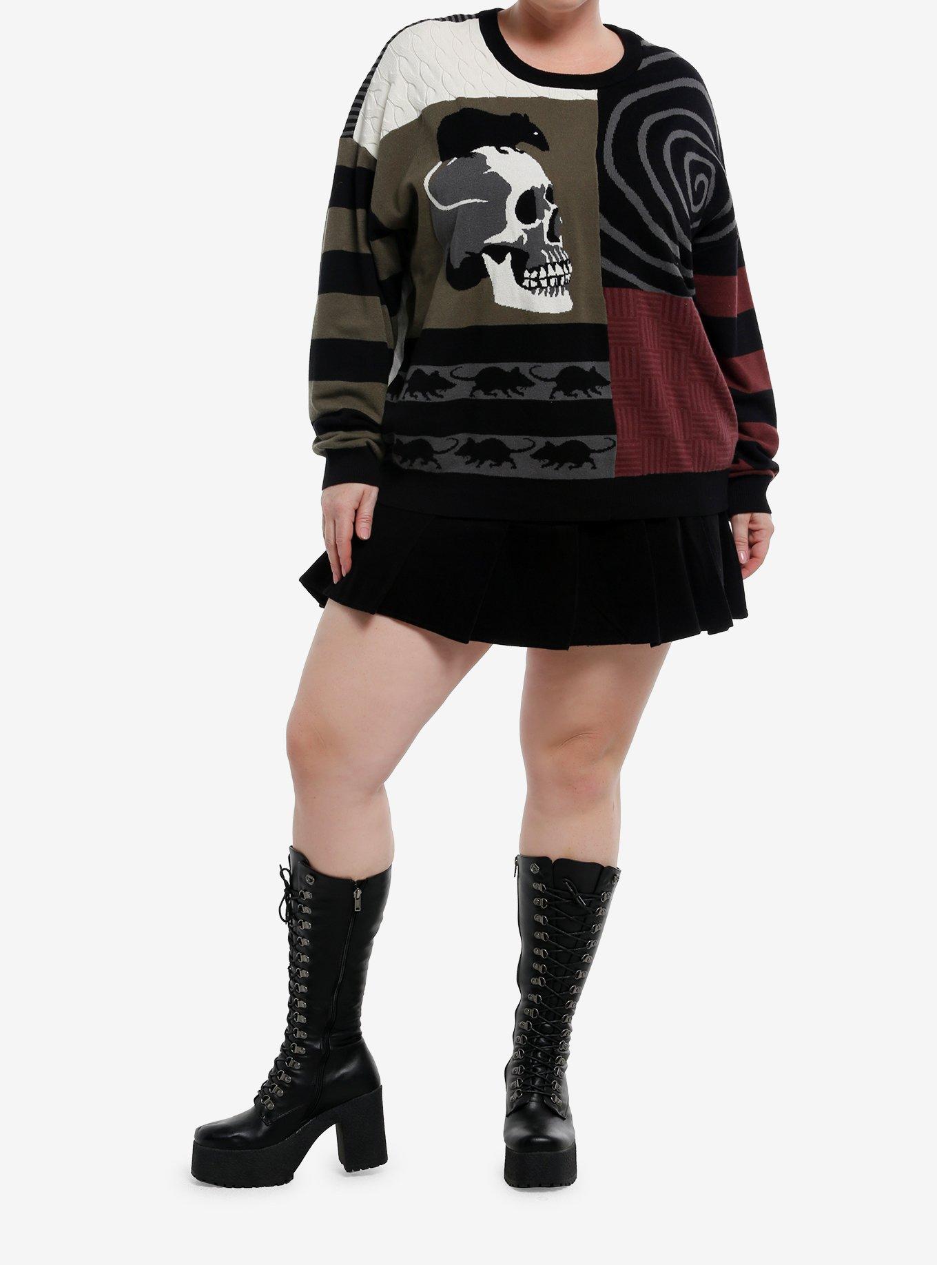 Rat Skull Grunge Patchwork Girls Sweater Plus Size, BLACK, alternate