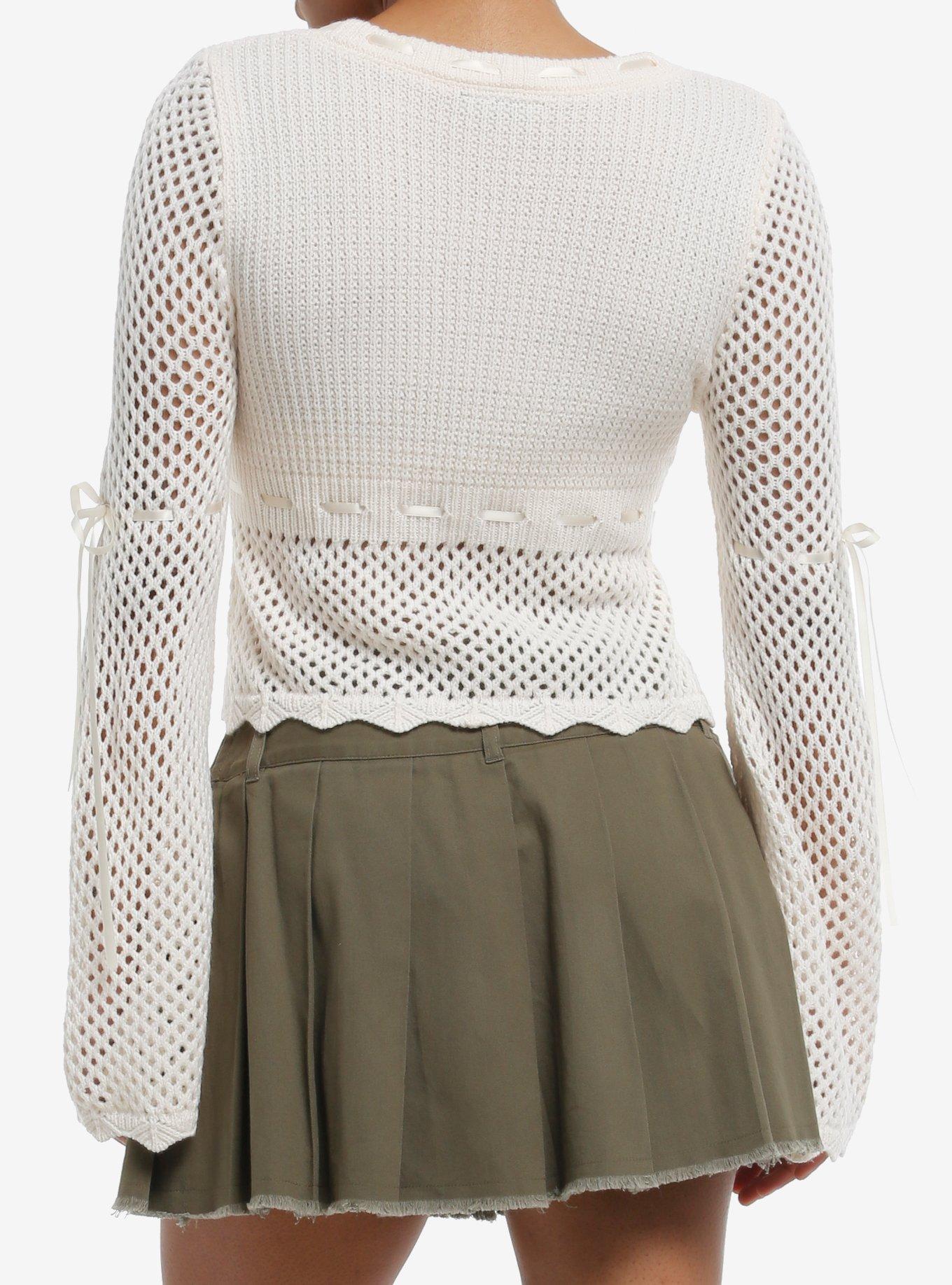Thorn & Fable Ivory Ribbon Knit Girls Long-Sleeve Top, IVORY, alternate