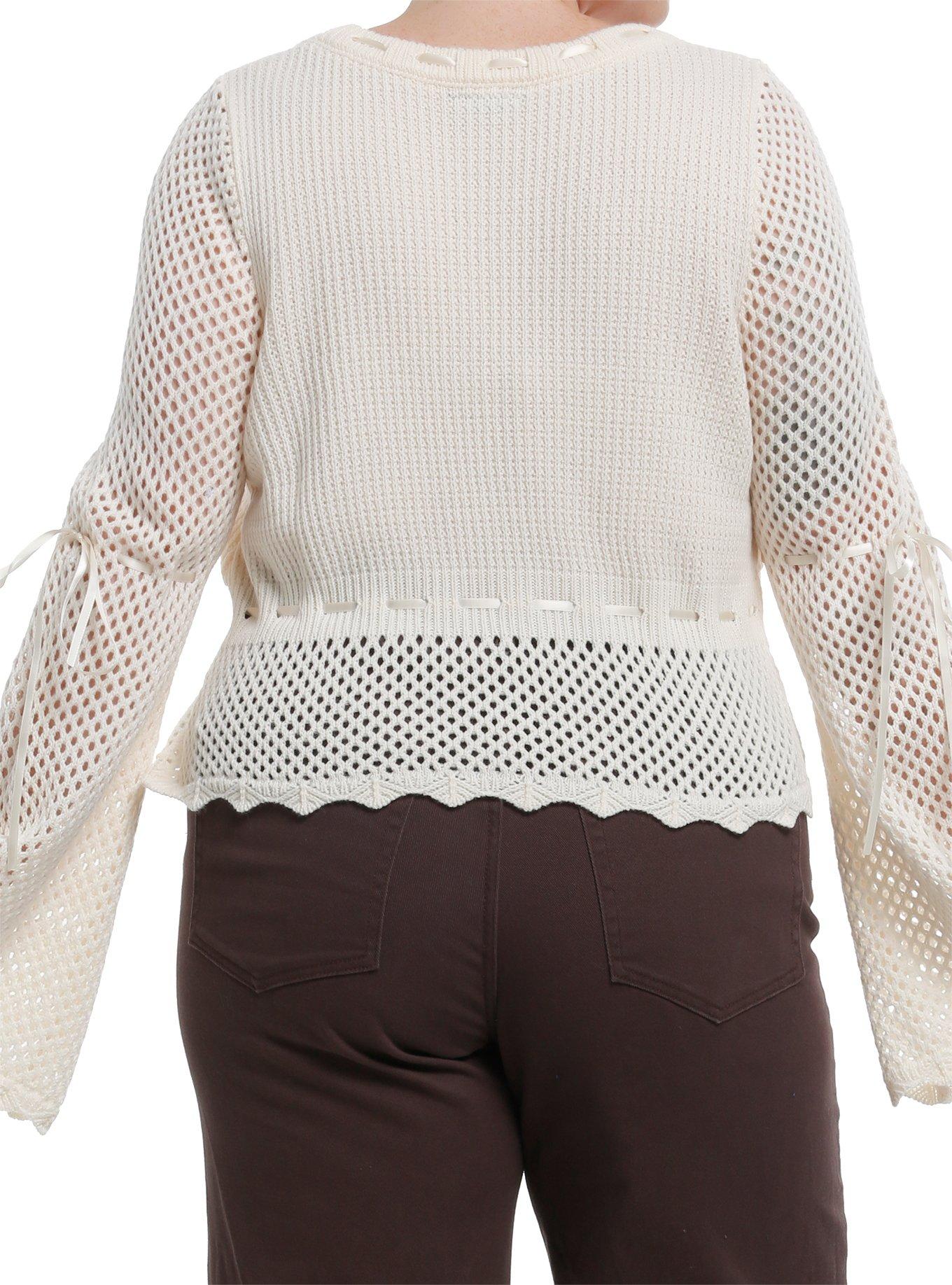 Thorn & Fable Ivory Ribbon Knit Girls Long-Sleeve Top Plus Size, , hi-res
