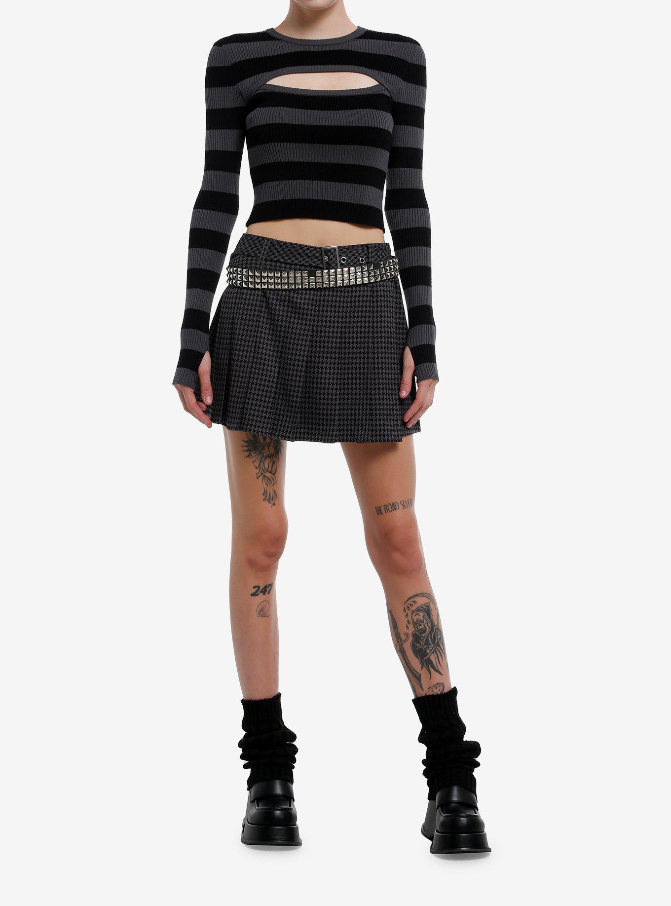 Black & Dark Grey Cut-Out Girls Crop Long-Sleeve Top, , hi-res