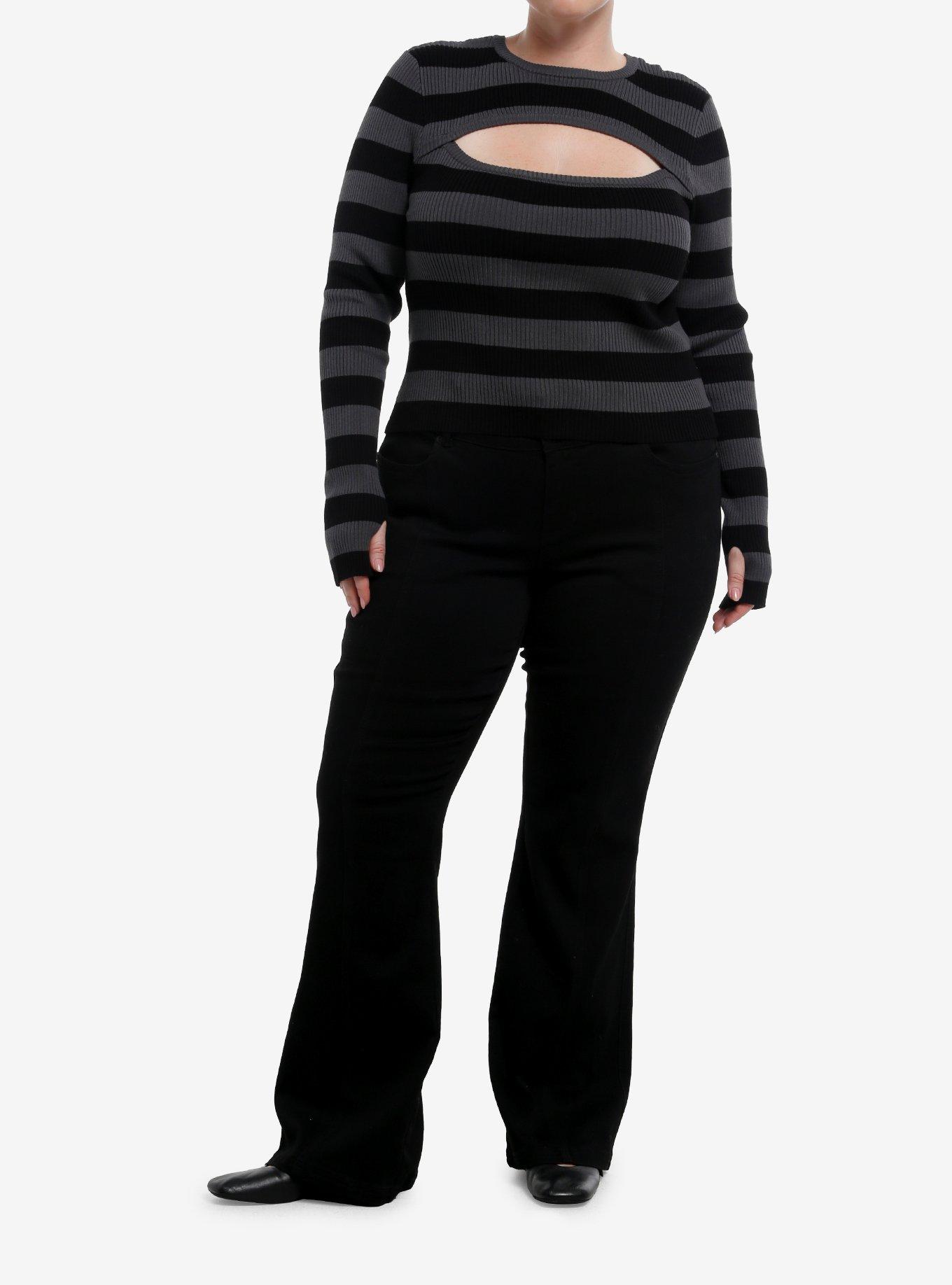 Black & Dark Grey Cut-Out Girls Crop Long-Sleeve Top Plus Size, , hi-res