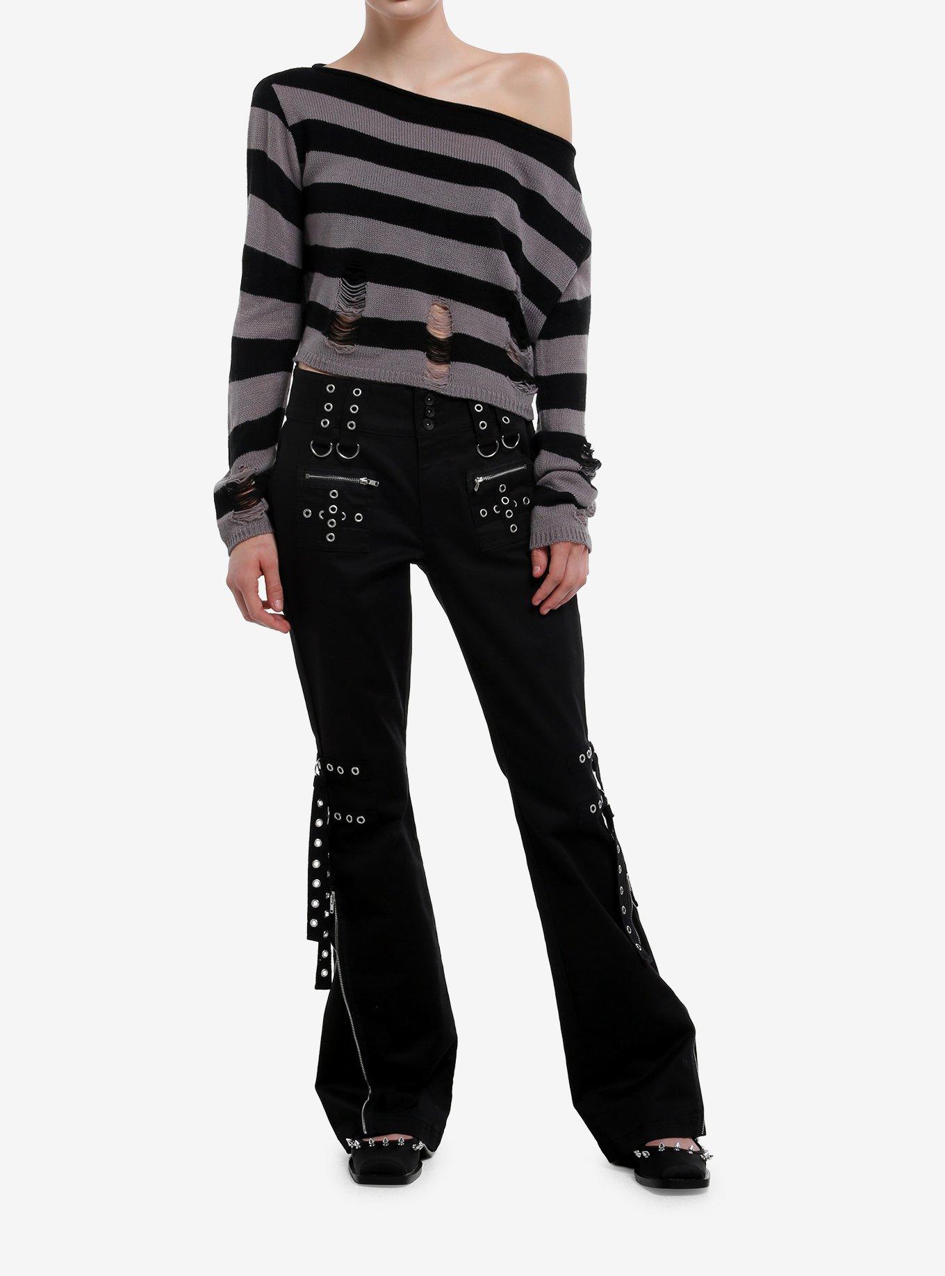 Social Collision Grey & Black Striped Distressed Slouchy Girls Crop Sweater, , hi-res