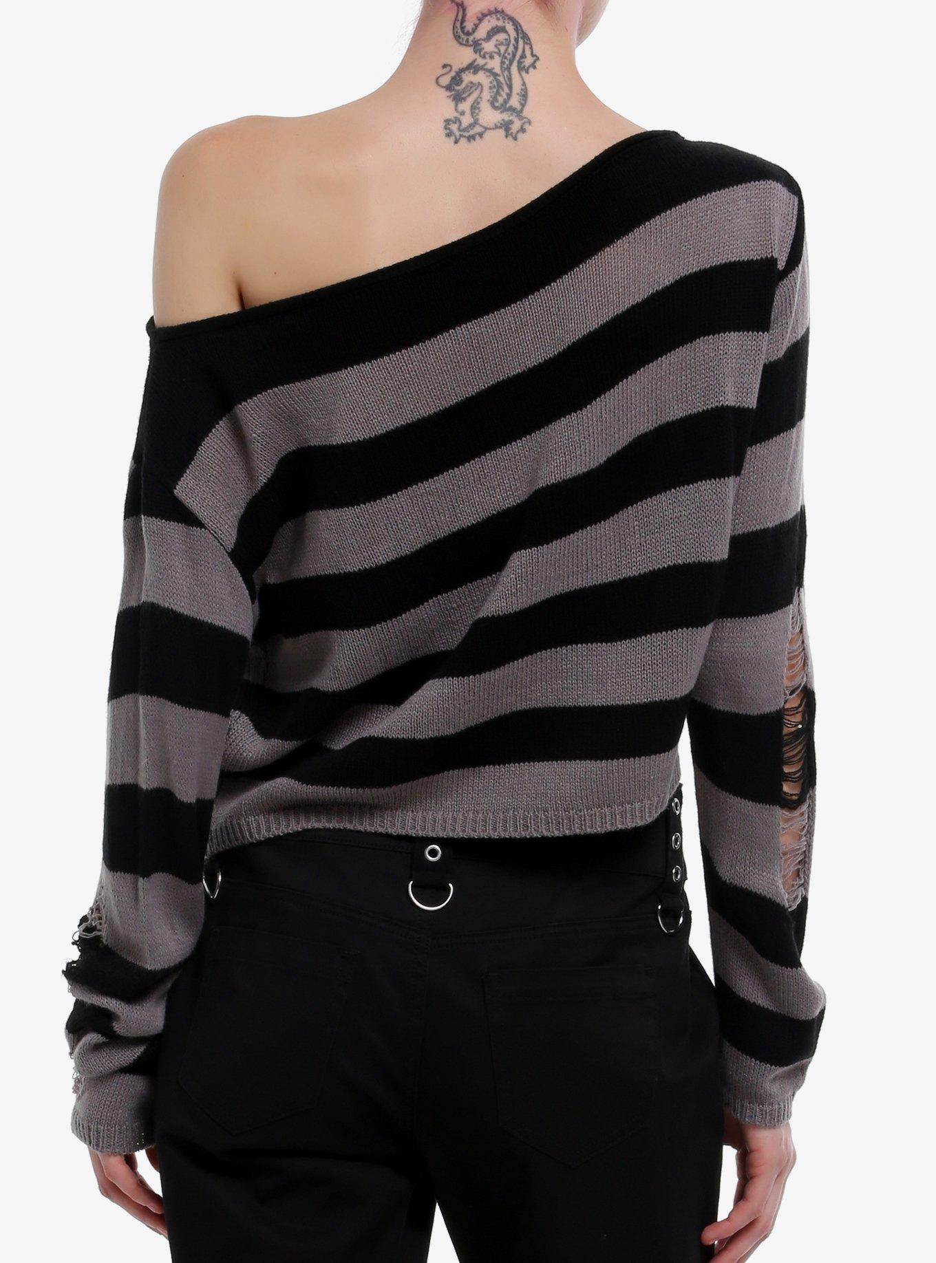 Social Collision Grey & Black Striped Distressed Slouchy Girls Crop Sweater, BLACK, alternate