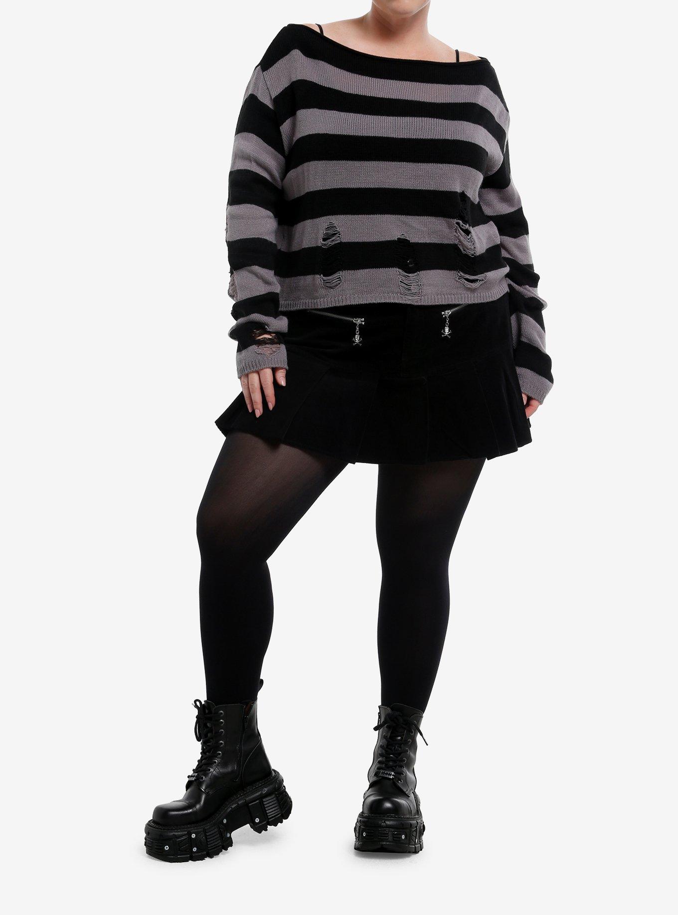 Social Collision Grey & Black Striped Distressed Slouchy Girls Crop Sweater Plus Size, , hi-res