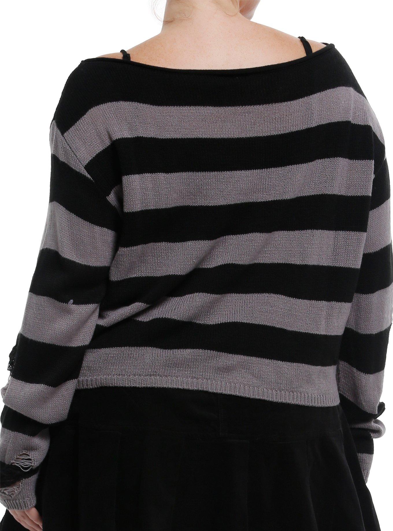 Social Collision Grey & Black Striped Distressed Slouchy Girls Crop Sweater Plus Size, BLACK, alternate
