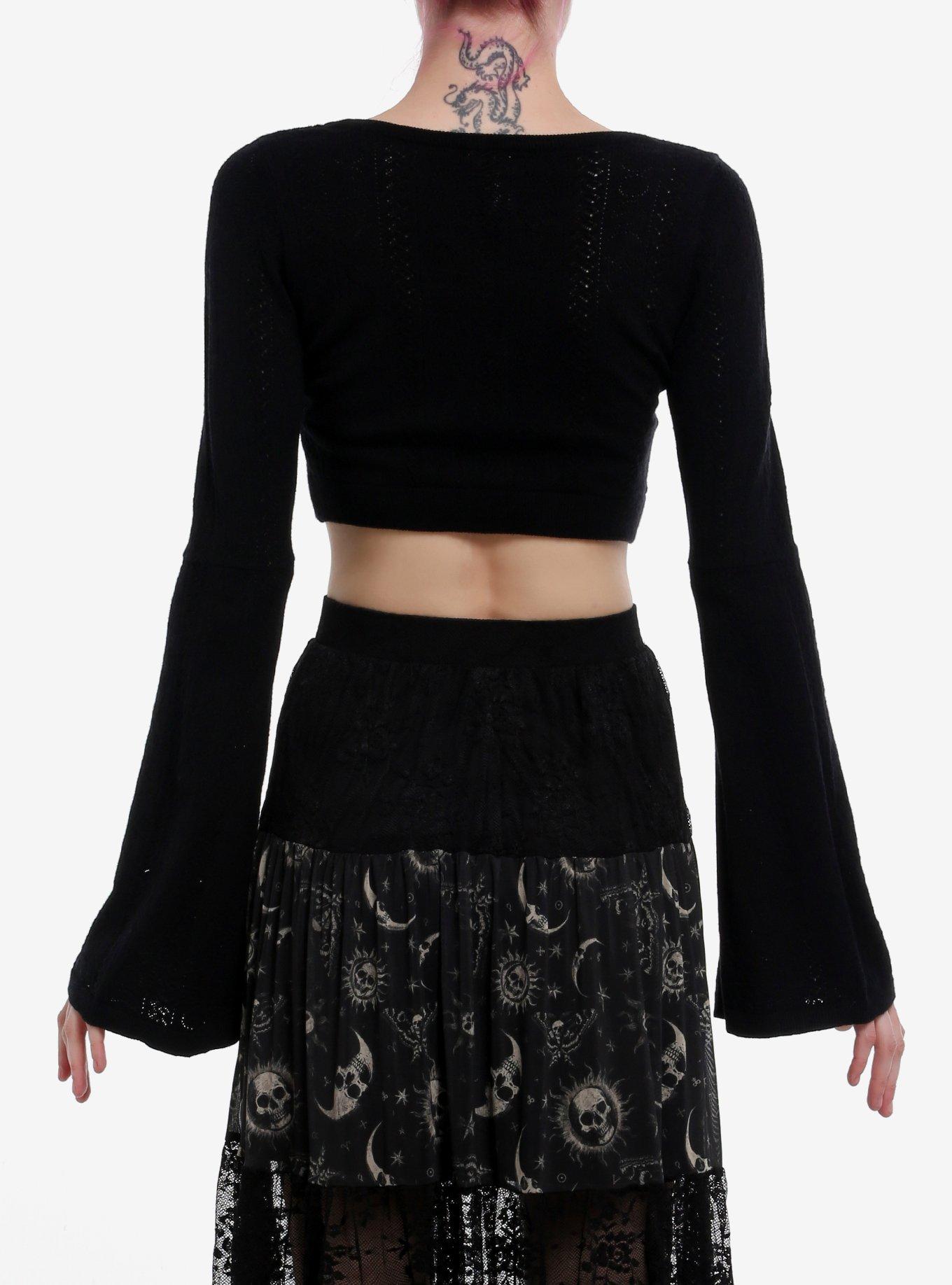 Social Collision Celestial Knit Bell Sleeve Girls Crop Cardigan, BLACK, alternate