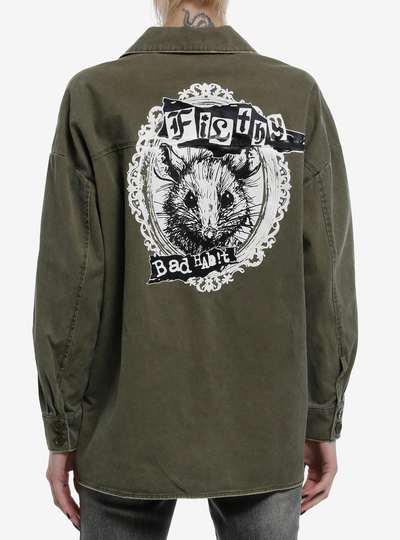 Olive Green Washed Punk Patches Girls Work Jacket, , hi-res