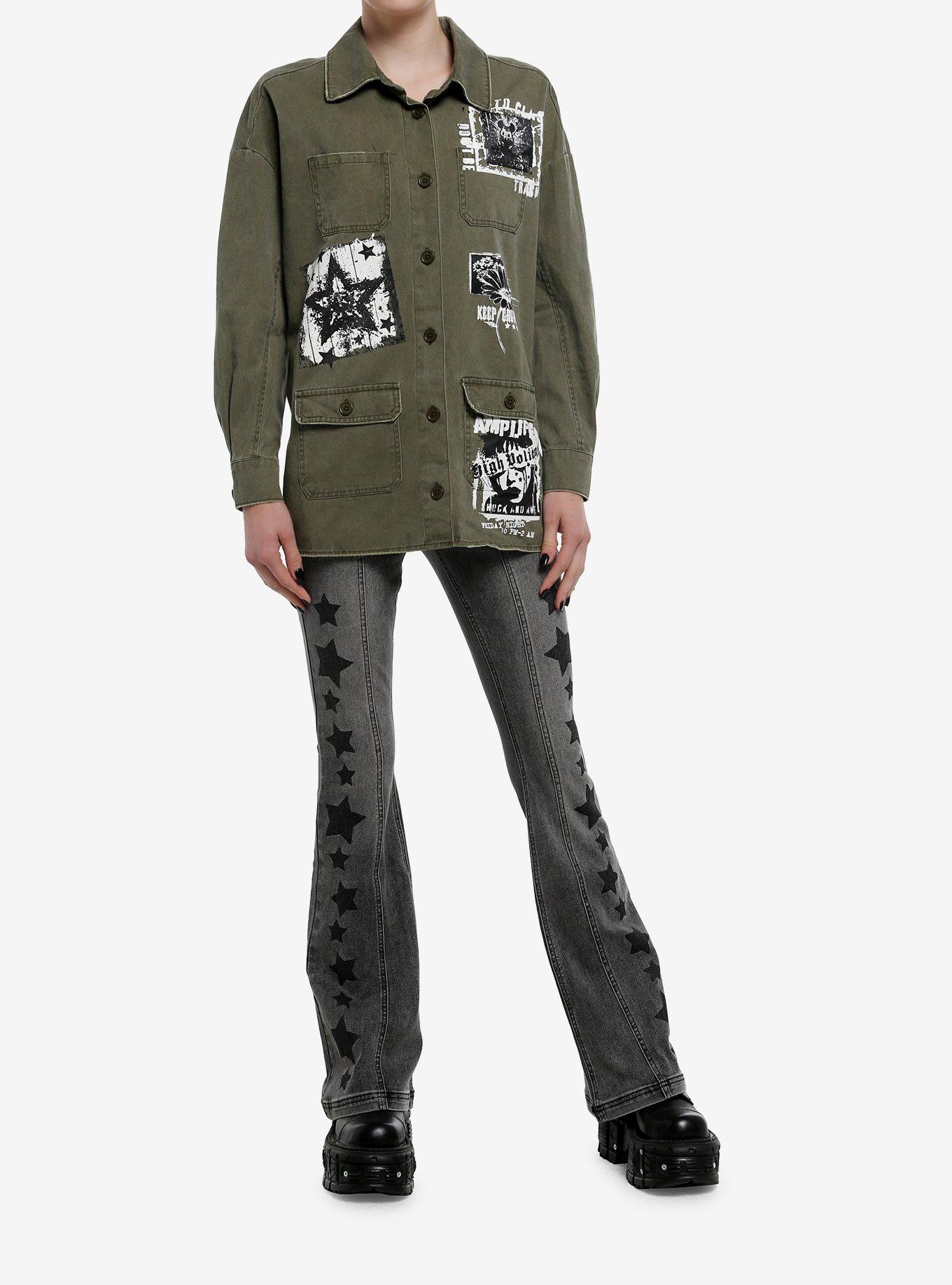Olive Green Washed Punk Patches Girls Work Jacket, OLIVE, alternate