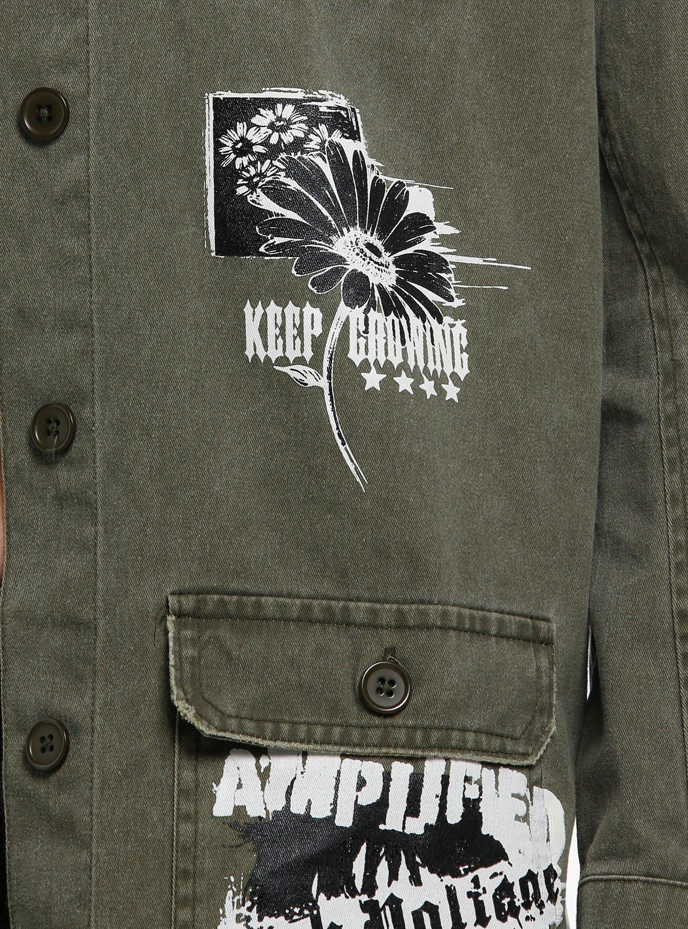 Olive Green Washed Punk Patches Girls Work Jacket, OLIVE, alternate