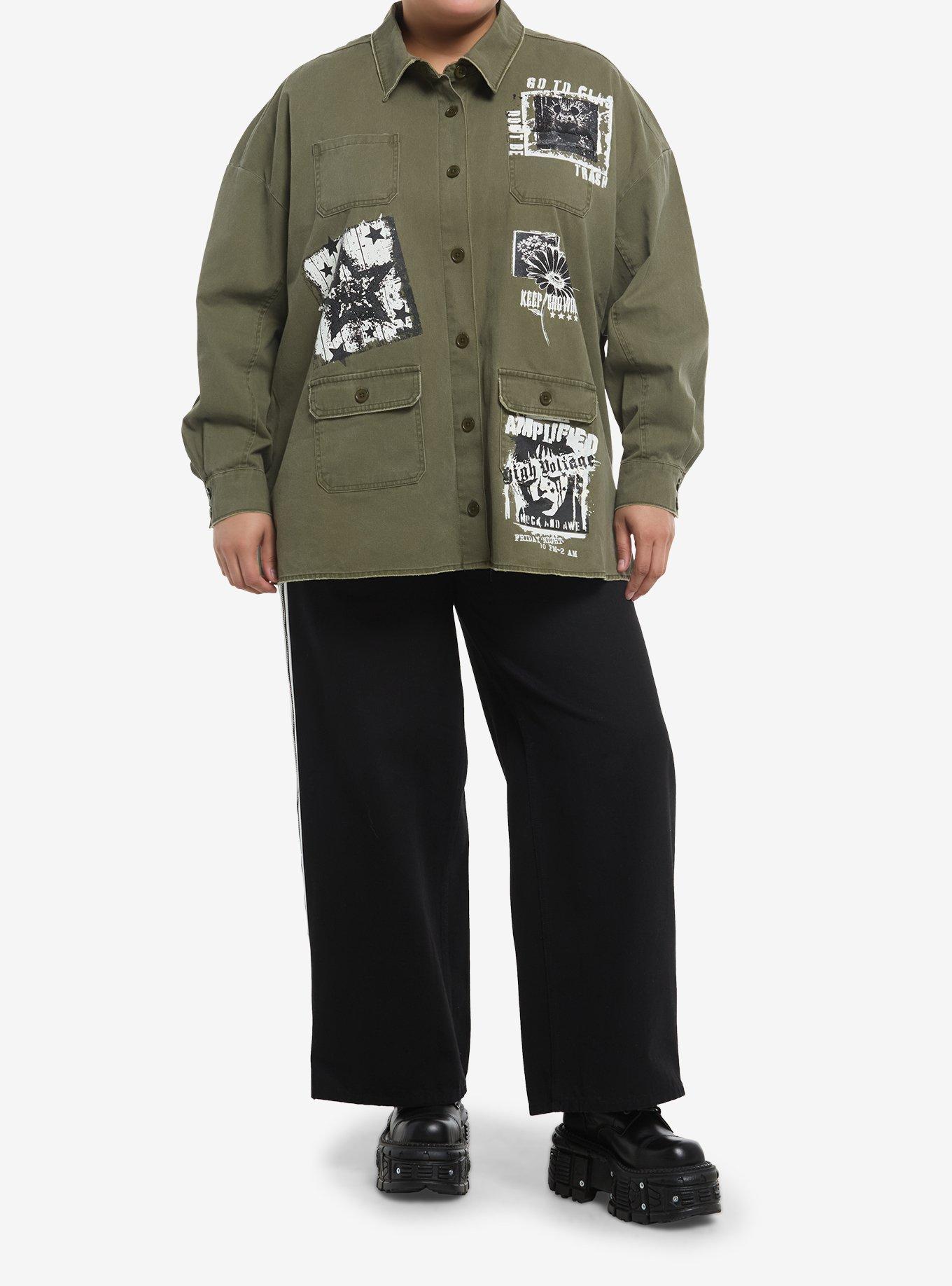 Olive Green Washed Punk Patches Girls Work Jacket Plus Size, , hi-res